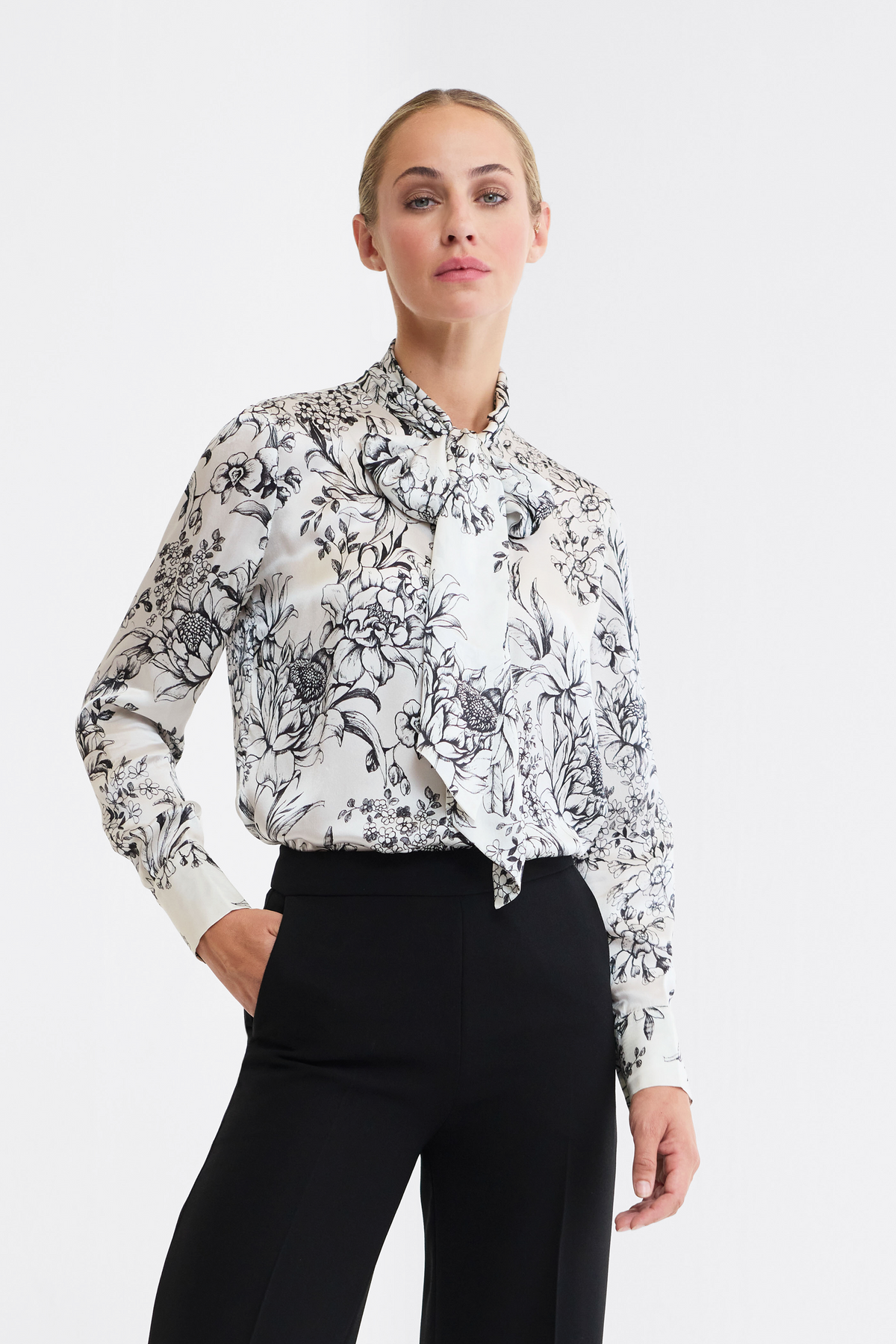 Maggie Floral Silk Satin Pussy Bow Blouse