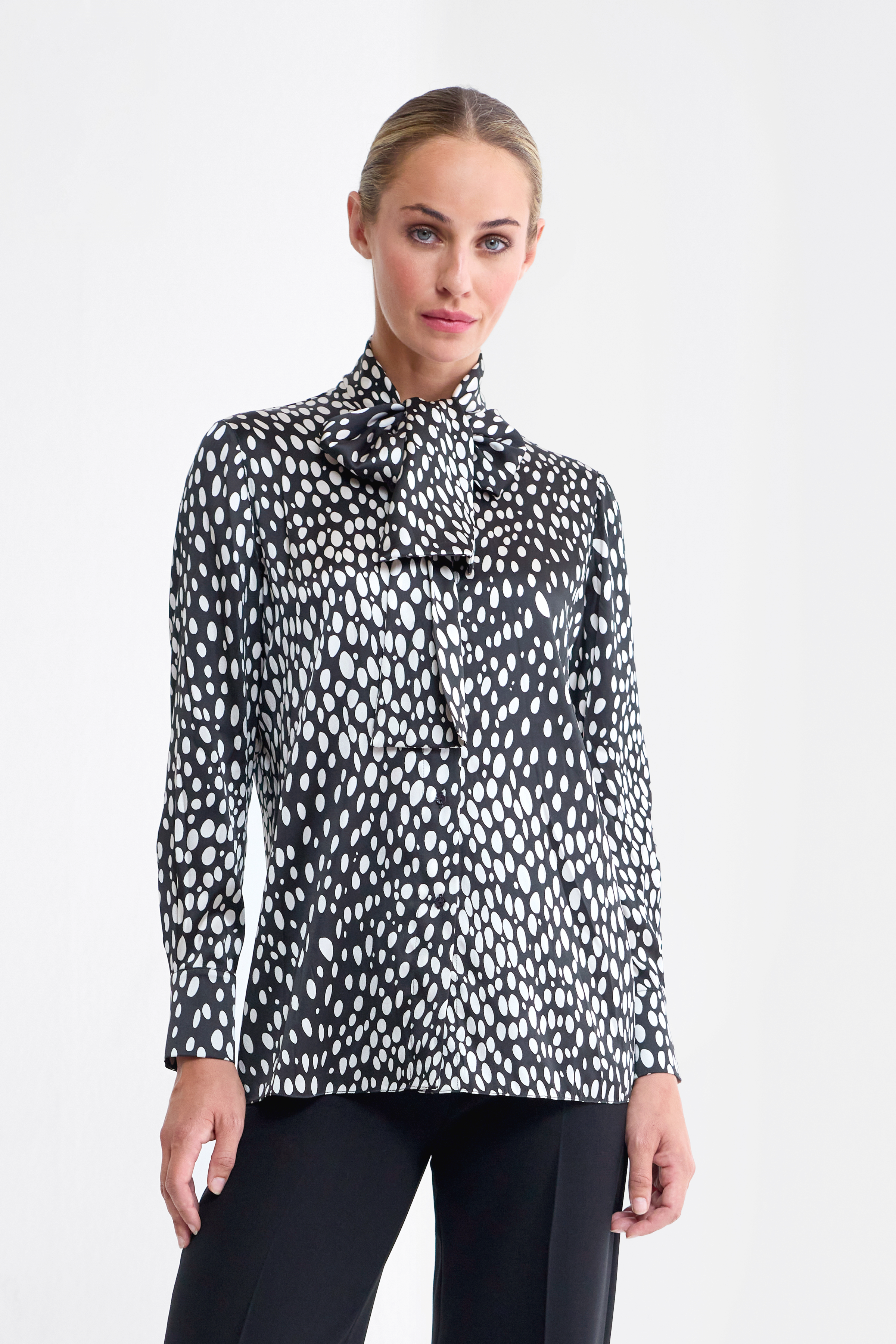 Mara Polka Dot Silk Satin Pussy Bow Blouse