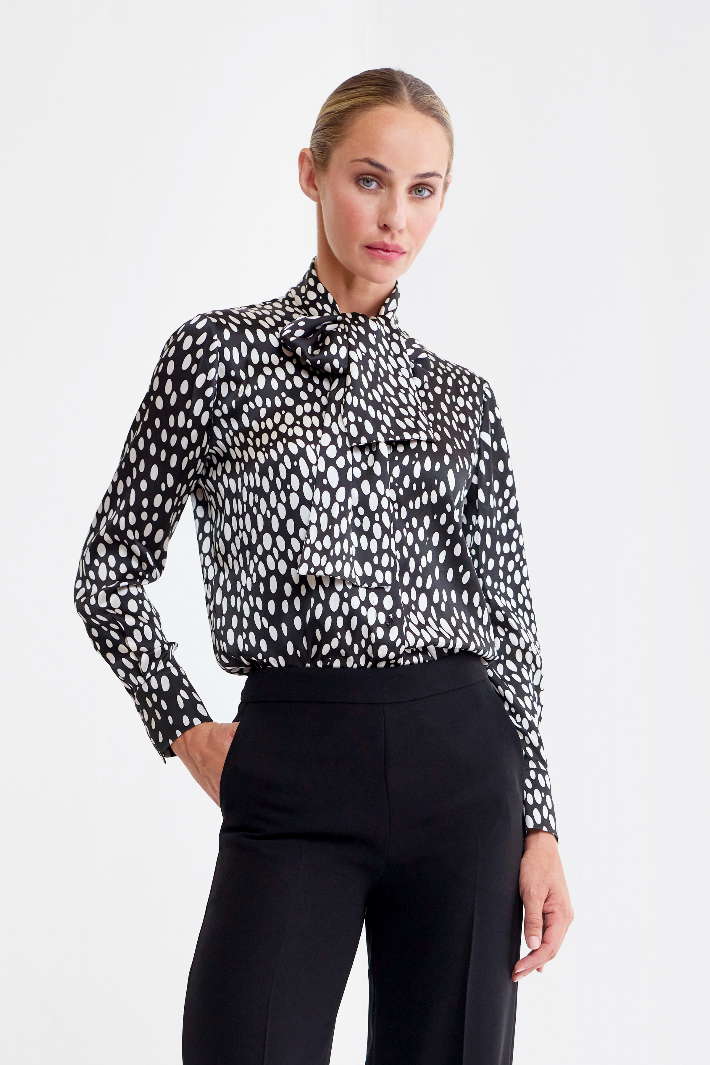 Mara Polka Dot Silk Satin Pussy Bow Blouse
