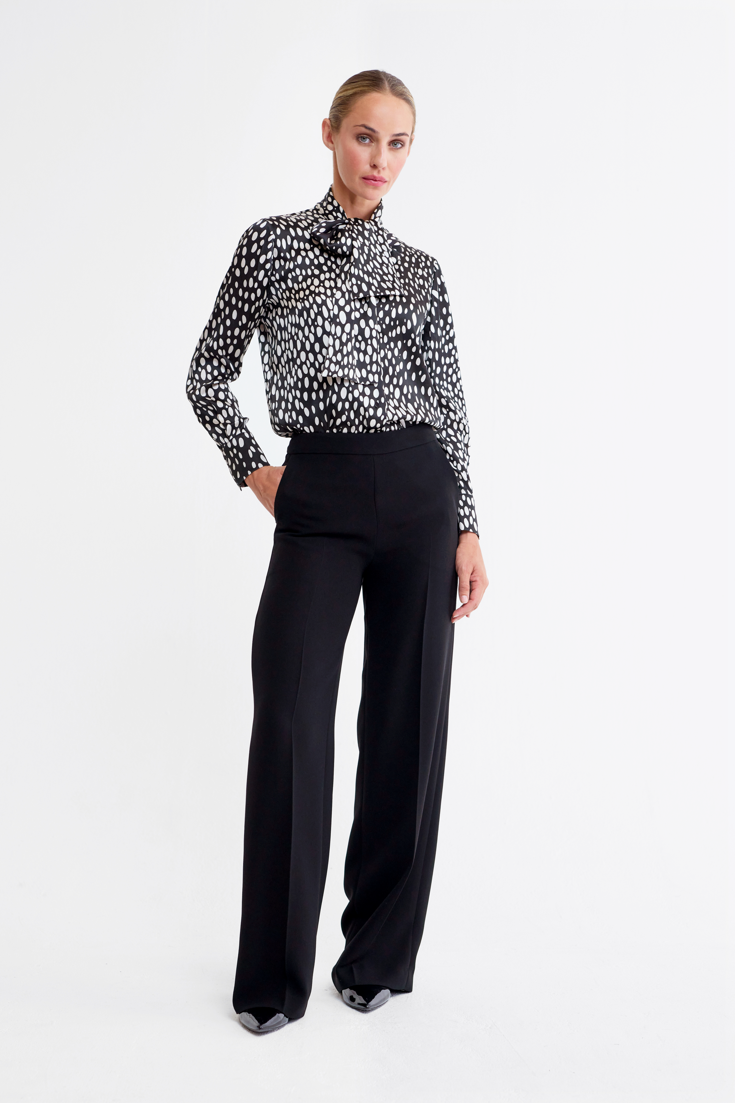 Mara Polka Dot Silk Satin Pussy Bow Blouse