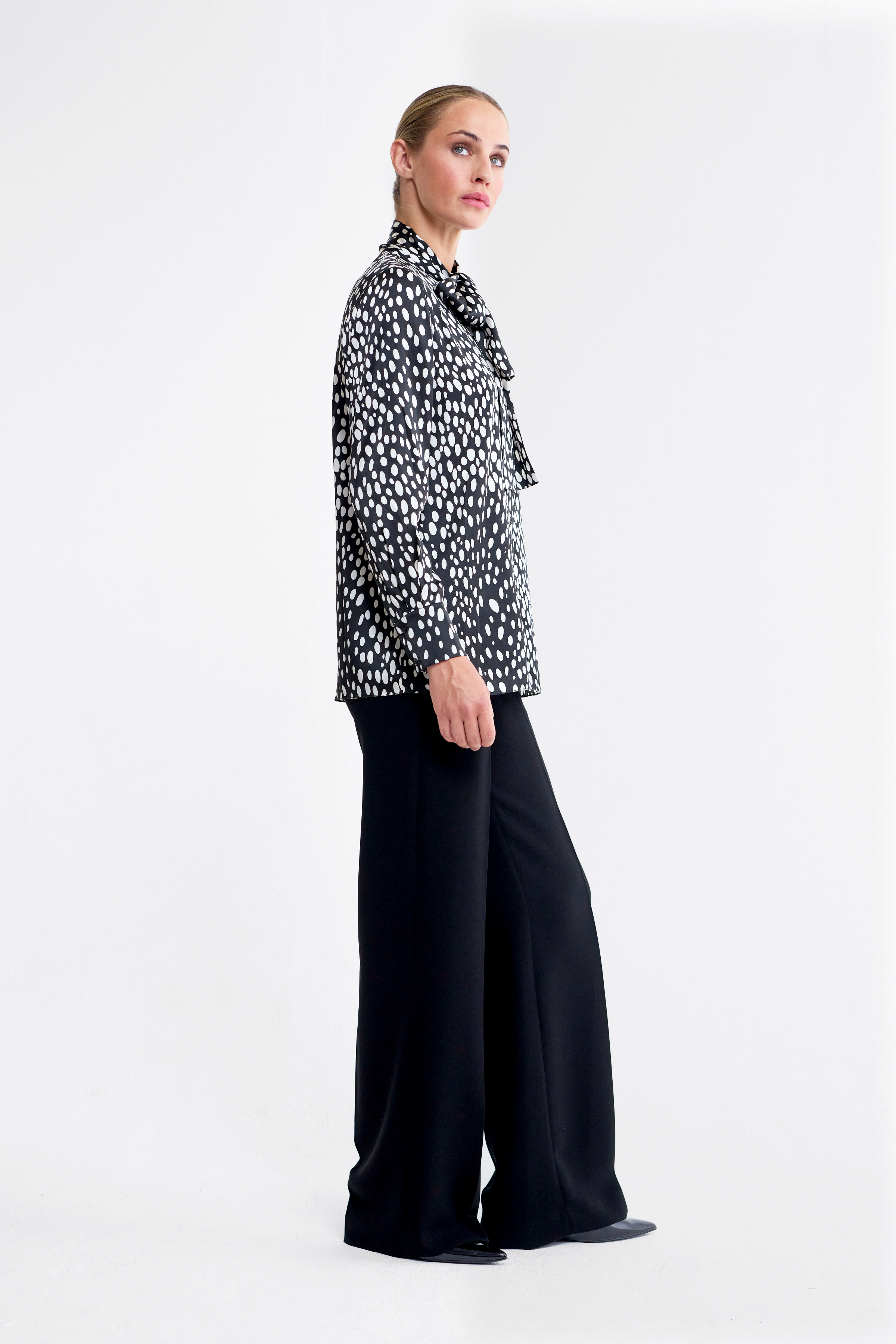Mara Polka Dot Silk Satin Pussy Bow Blouse