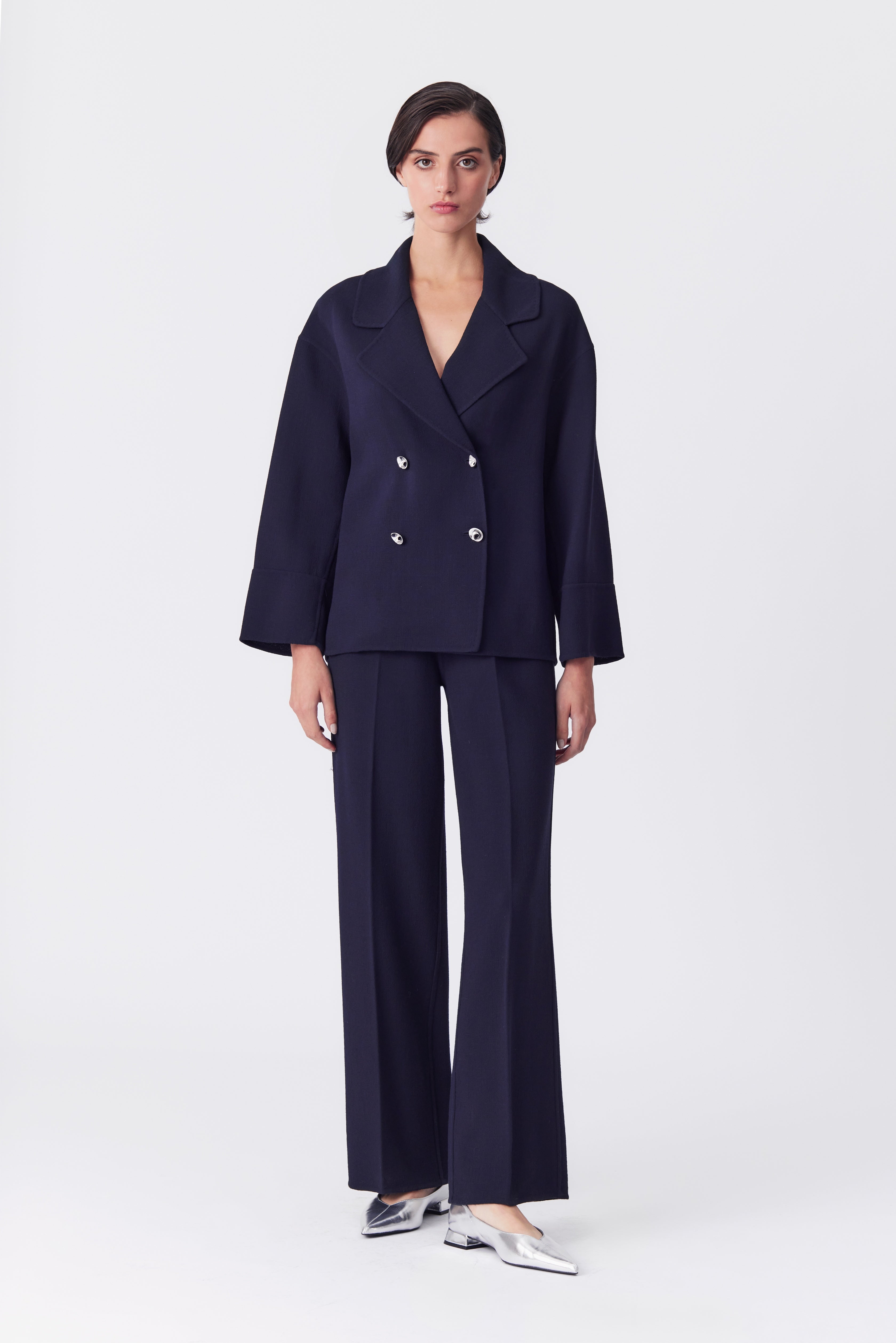Mila Wool Wide-Leg Trousers in Navy