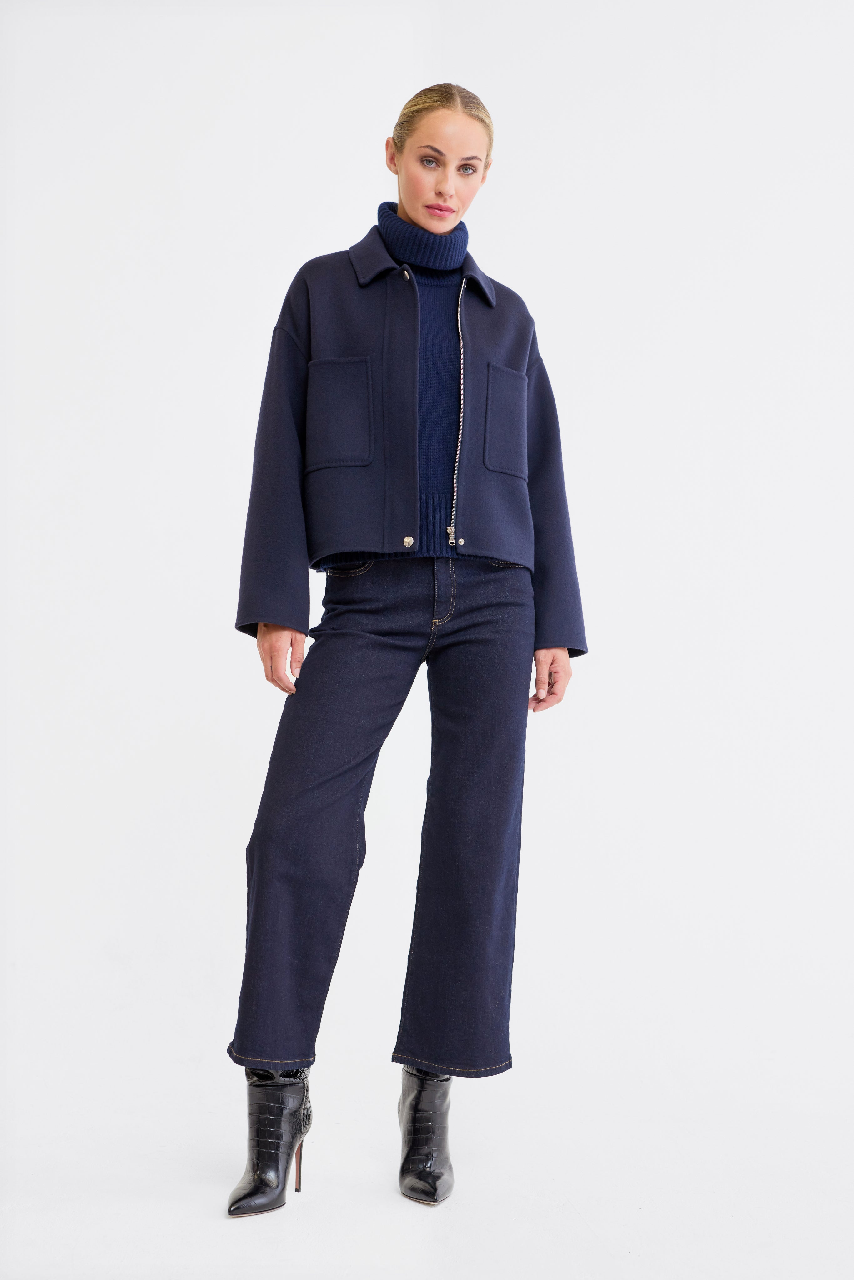 Ember Navy Wool Zip Front Jacket