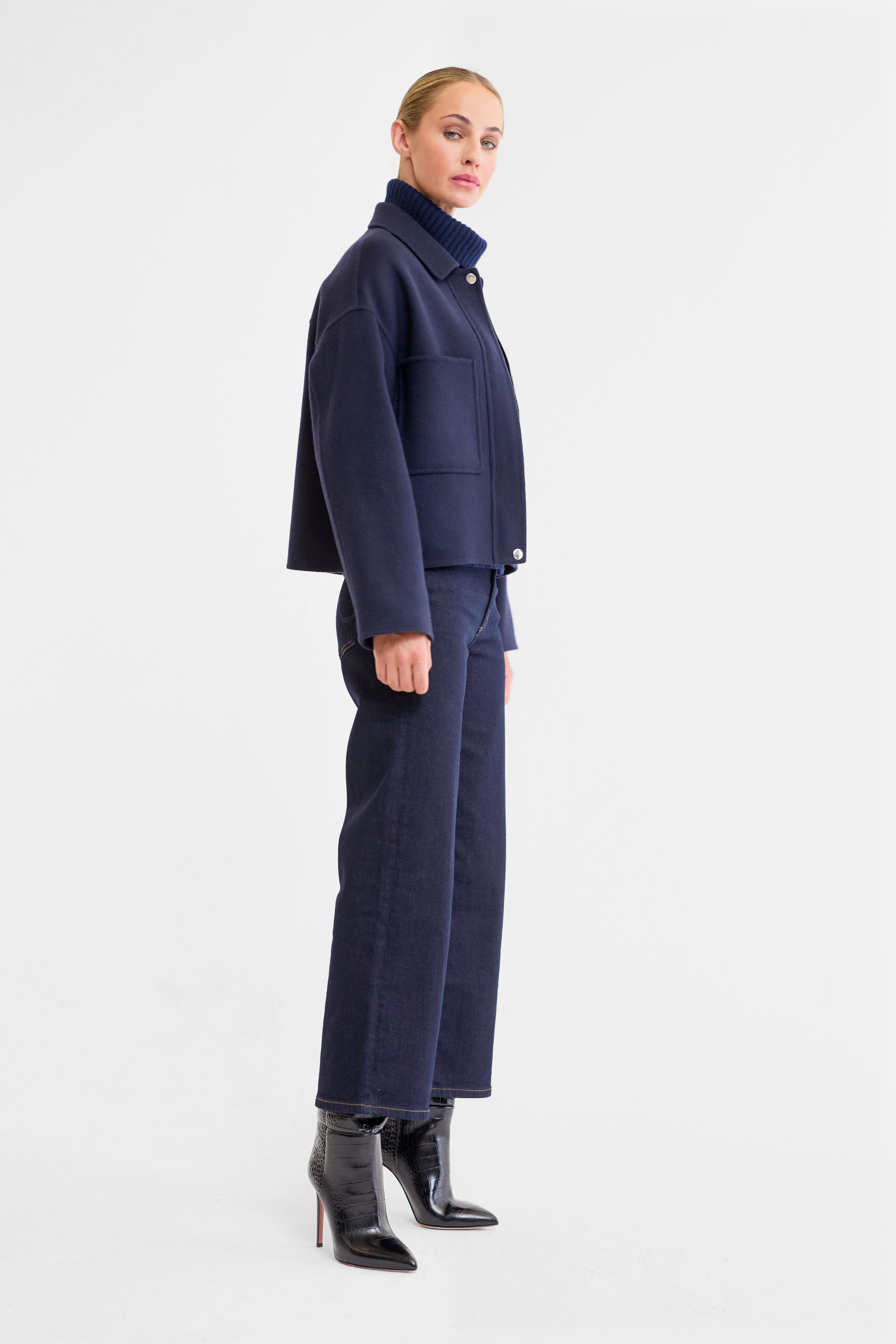 Ember Navy Wool Zip Front Jacket