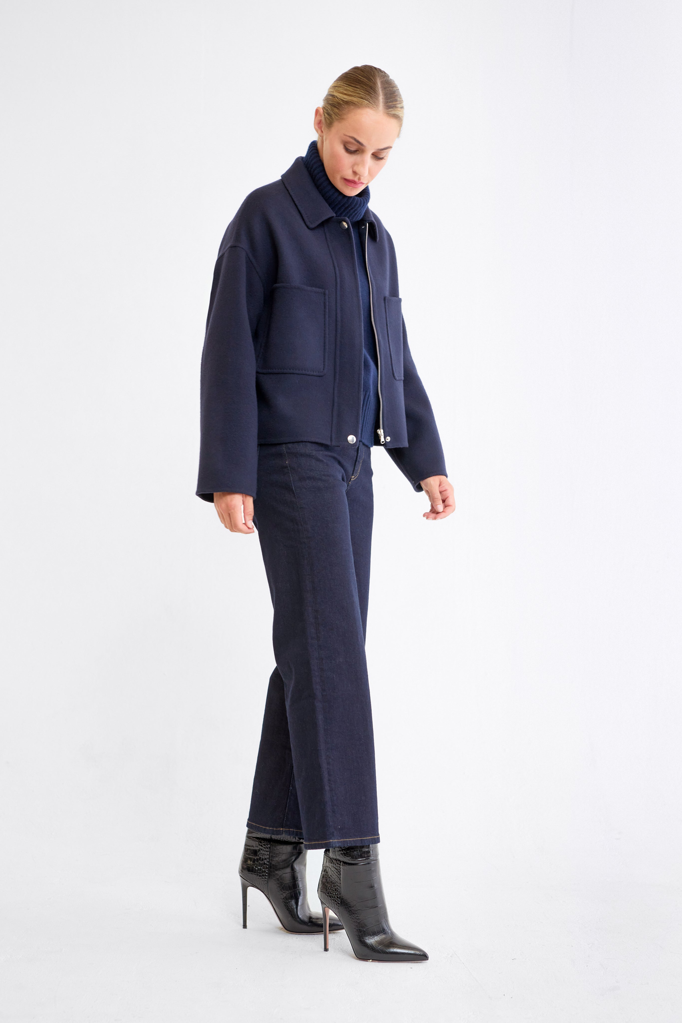 Ember Navy Wool Zip Front Jacket