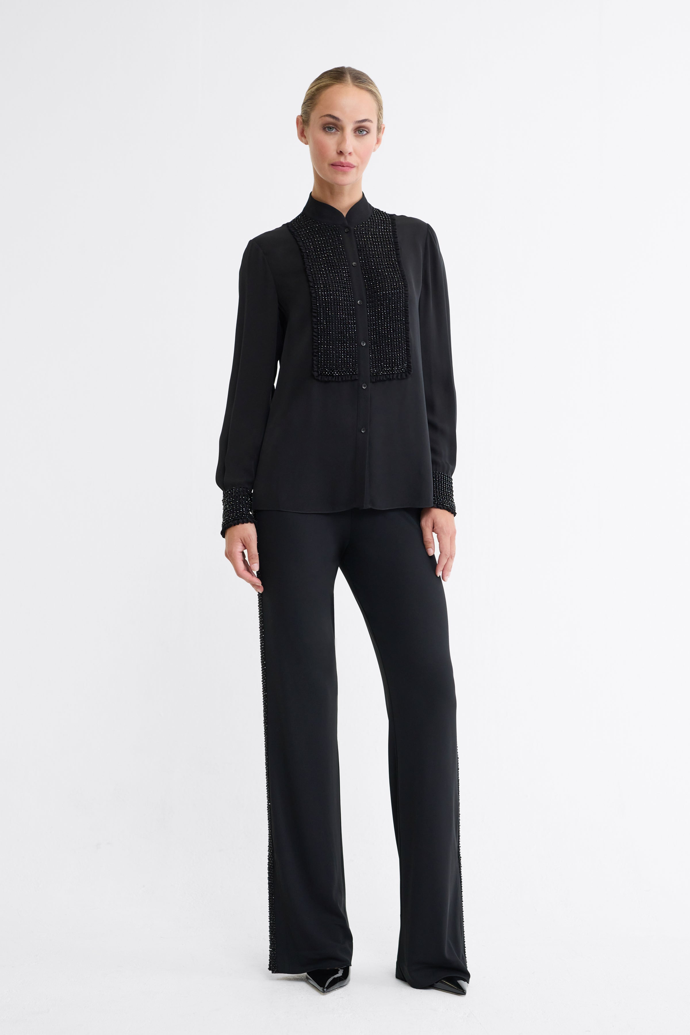 Esme Beaded Silk Double Georgette Blouse in Black
