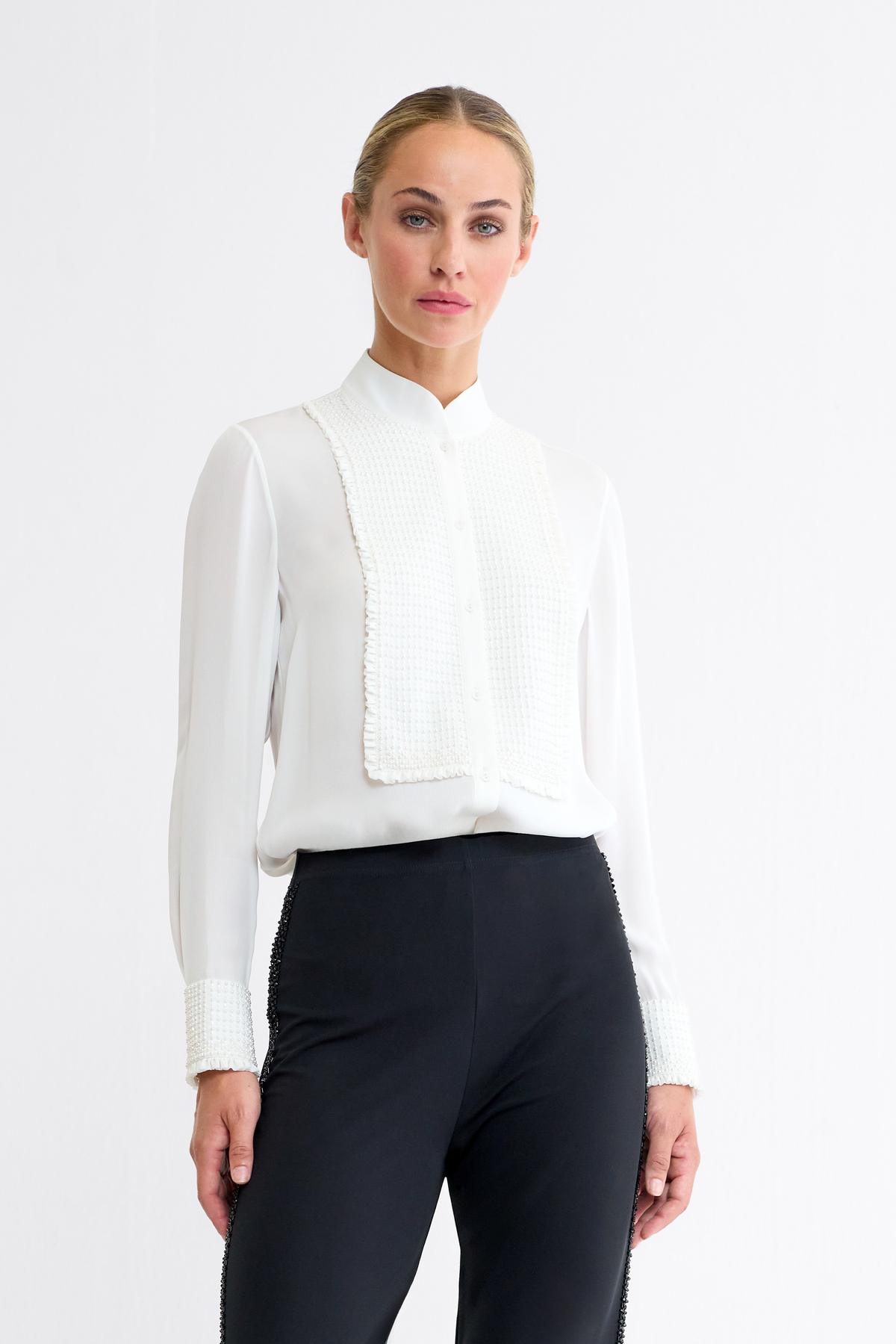 Esme Beaded Silk Double Georgette Blouse in Ivory