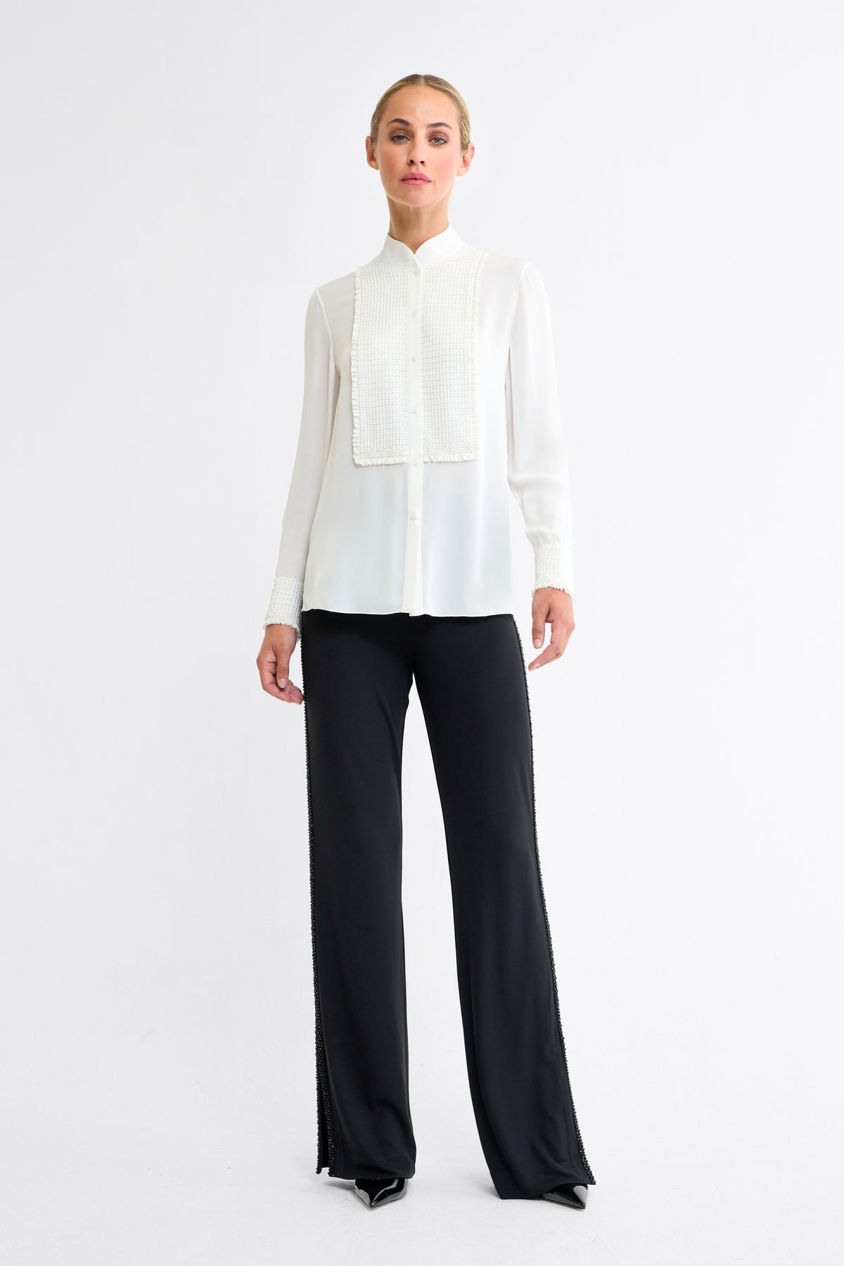 Esme Beaded Silk Double Georgette Blouse in Ivory