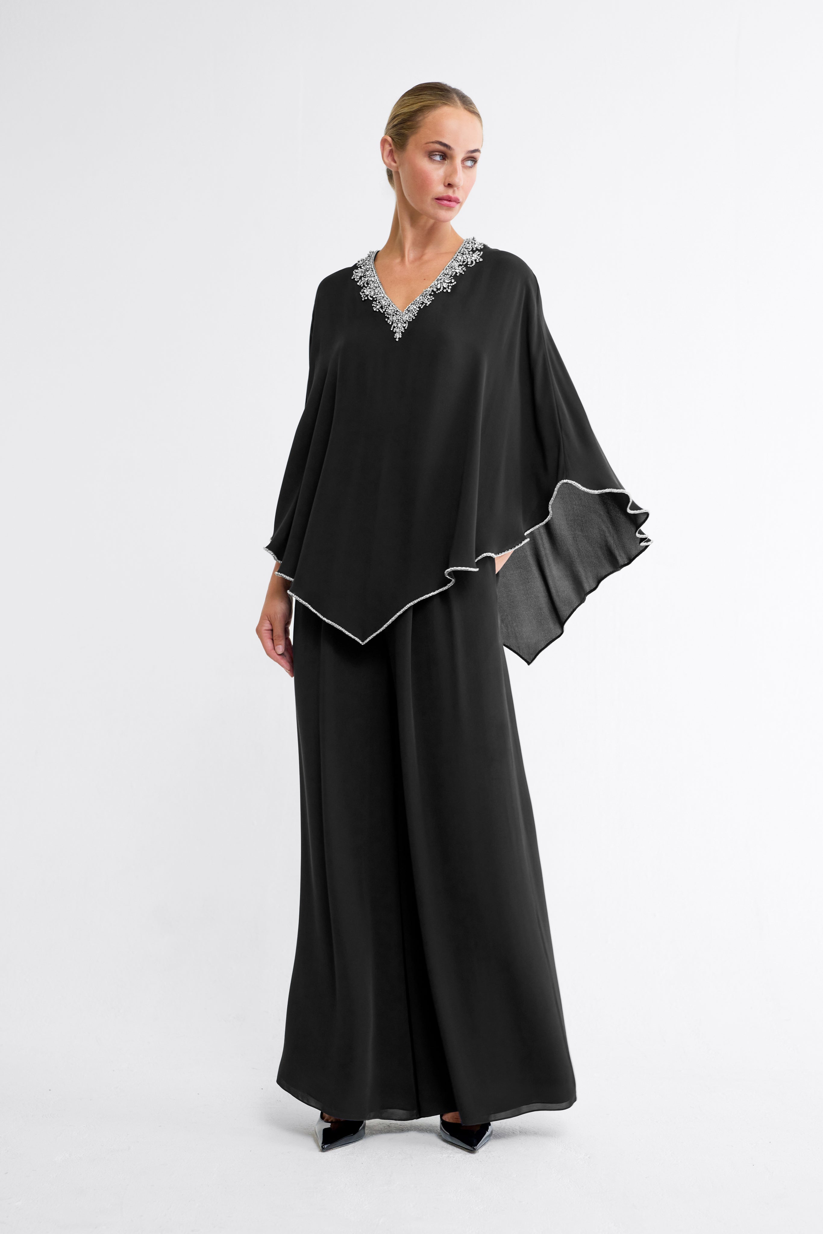 Fara Embellished Silk Kaftan in Black