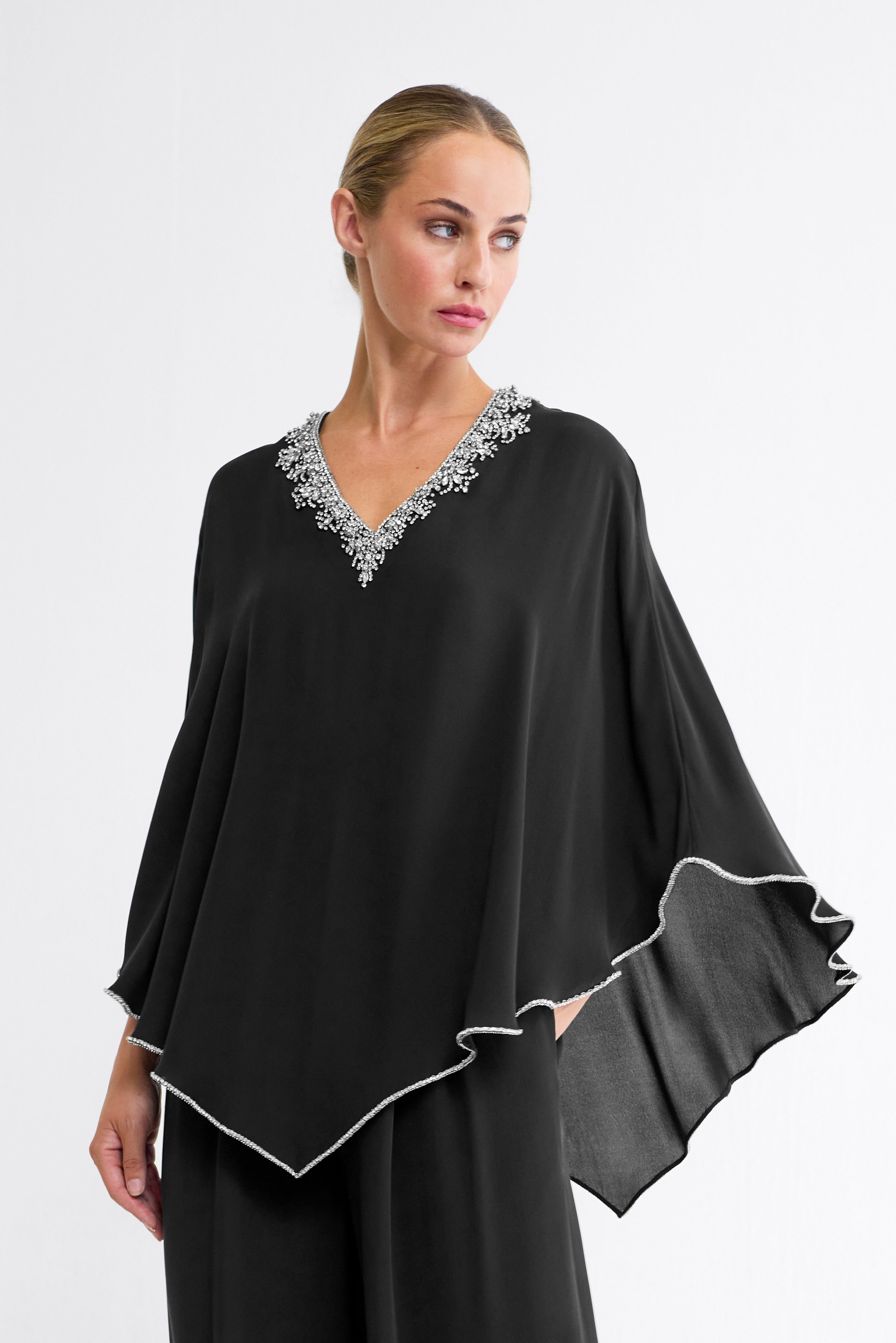 Fara Embellished Silk Kaftan in Black