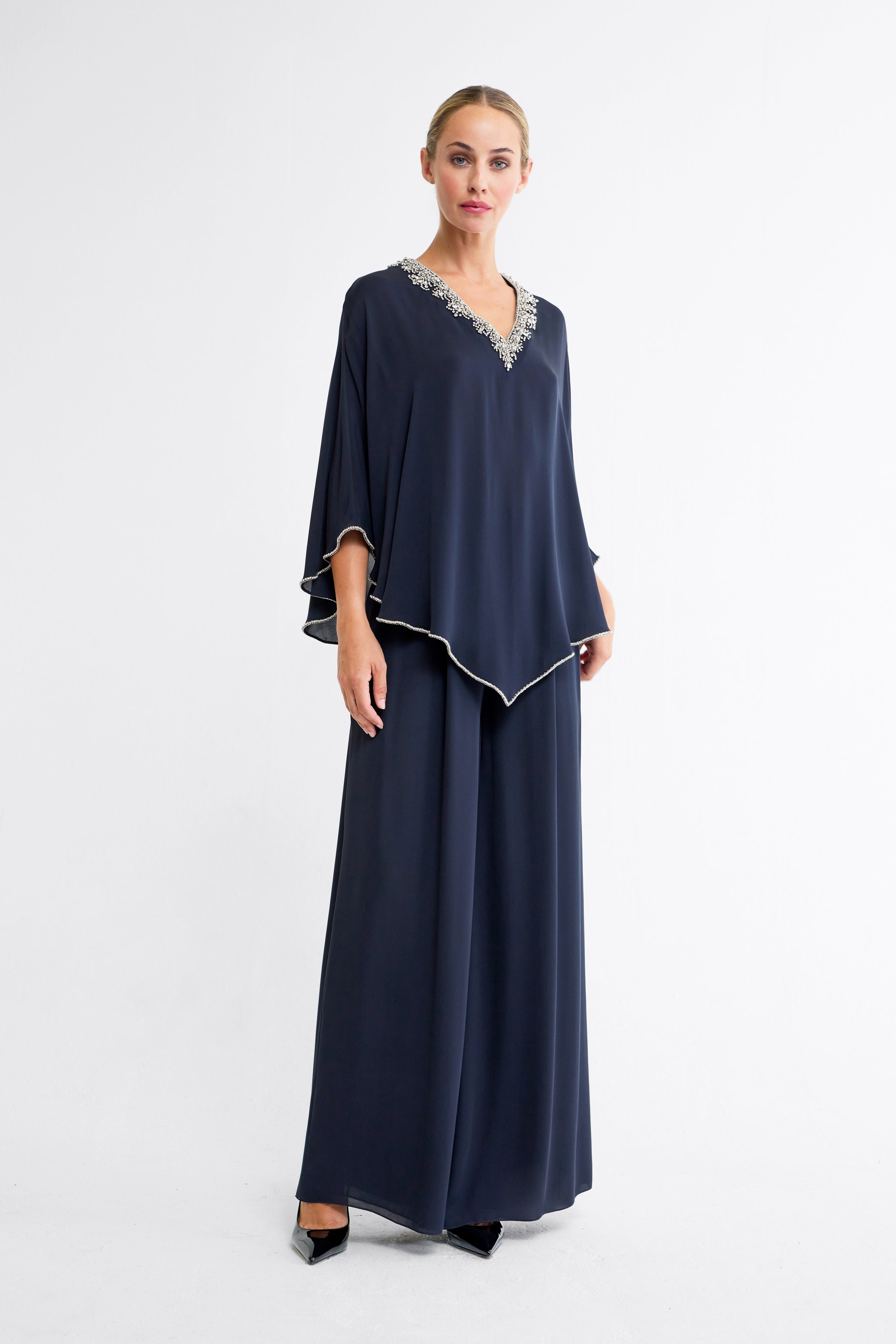 Fara Embellished Silk Kaftan in Navy