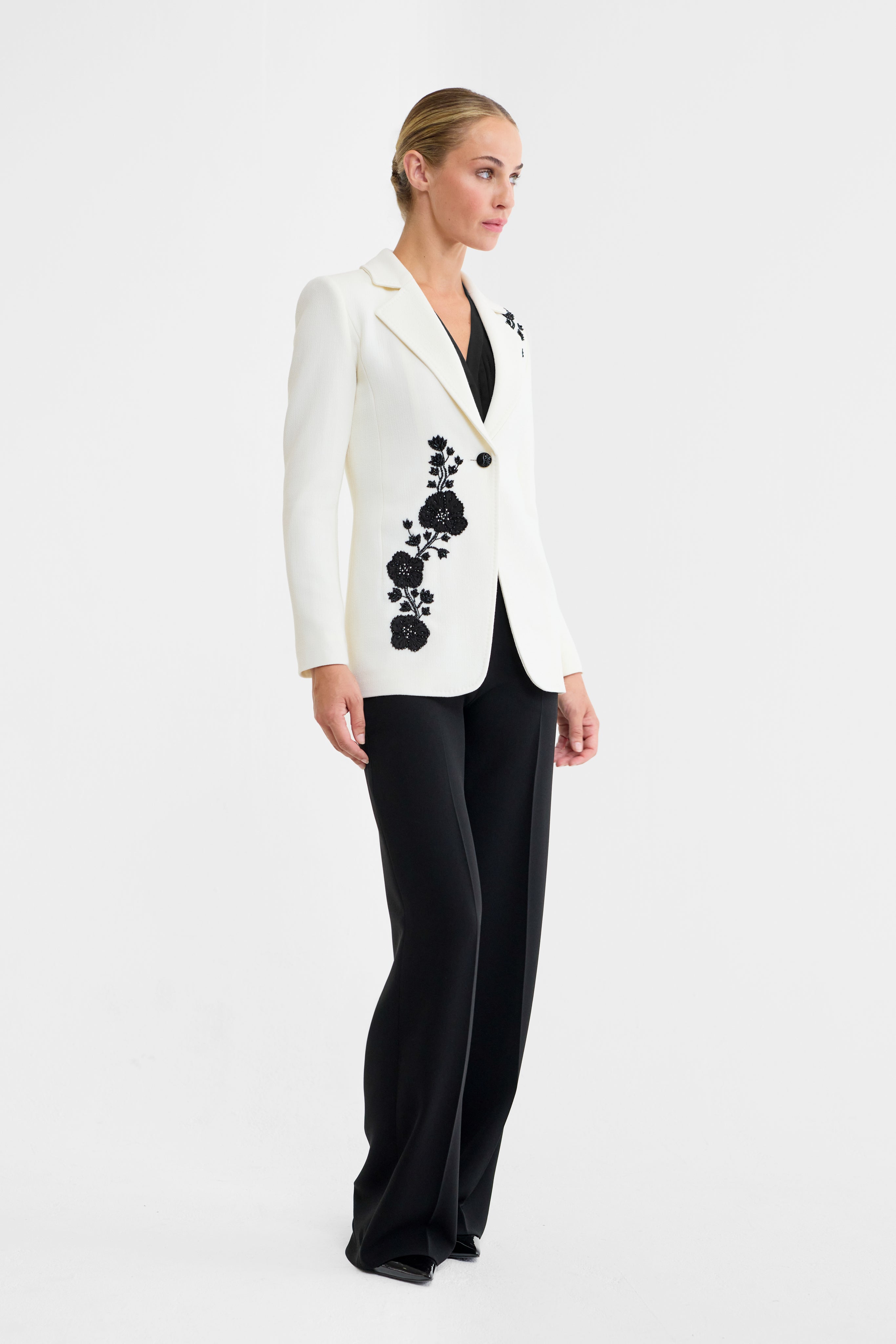 Gigi Embroidered Wool Blazer in Ivory