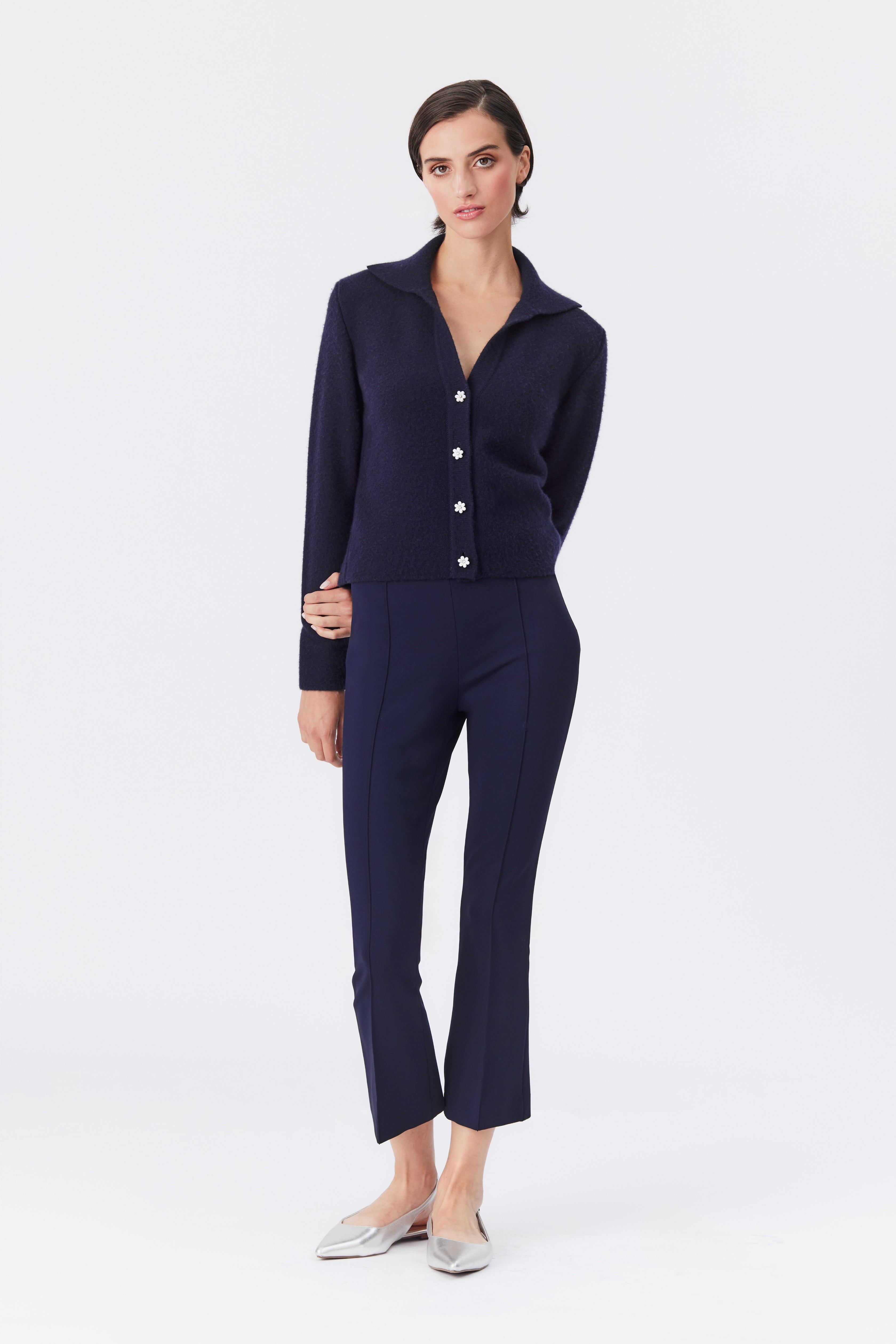 Piper Cropped Flare Jersey Trouser in Navy