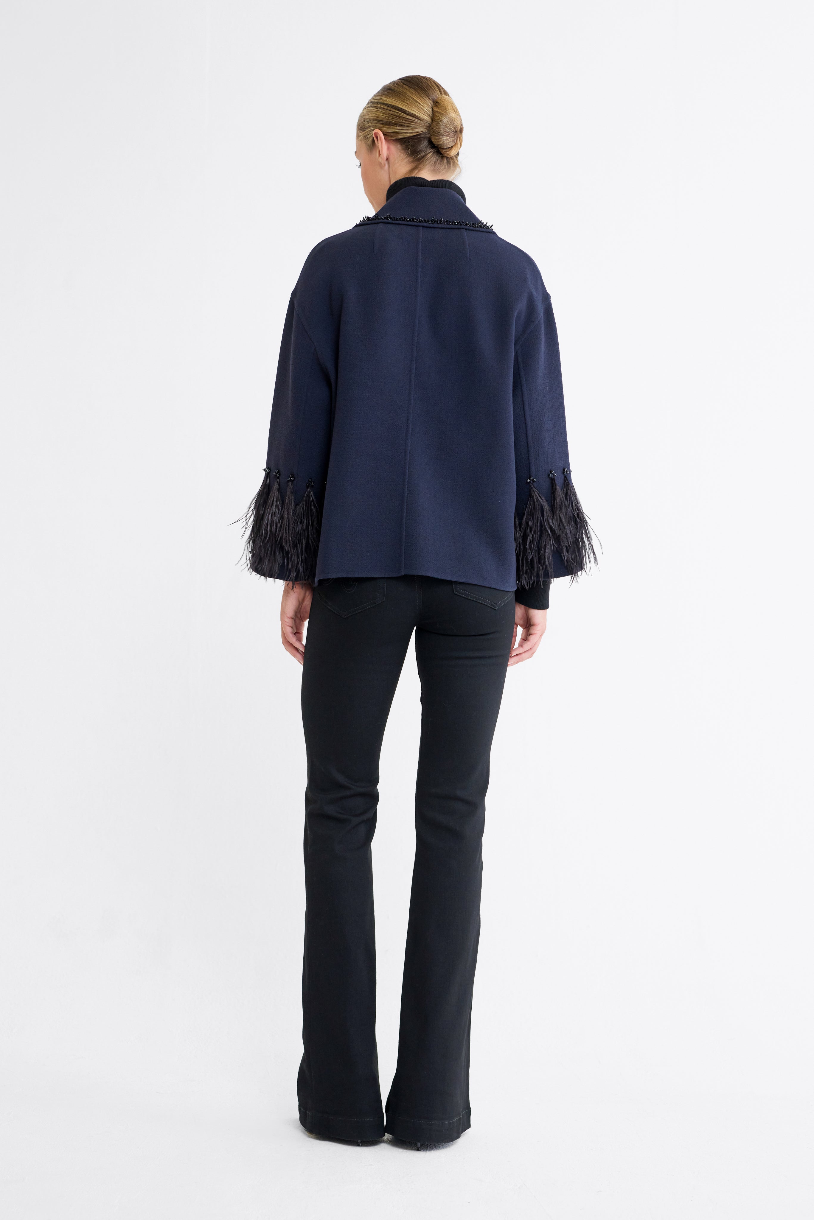 Jolie Navy Feather Trim Beaded Jacket