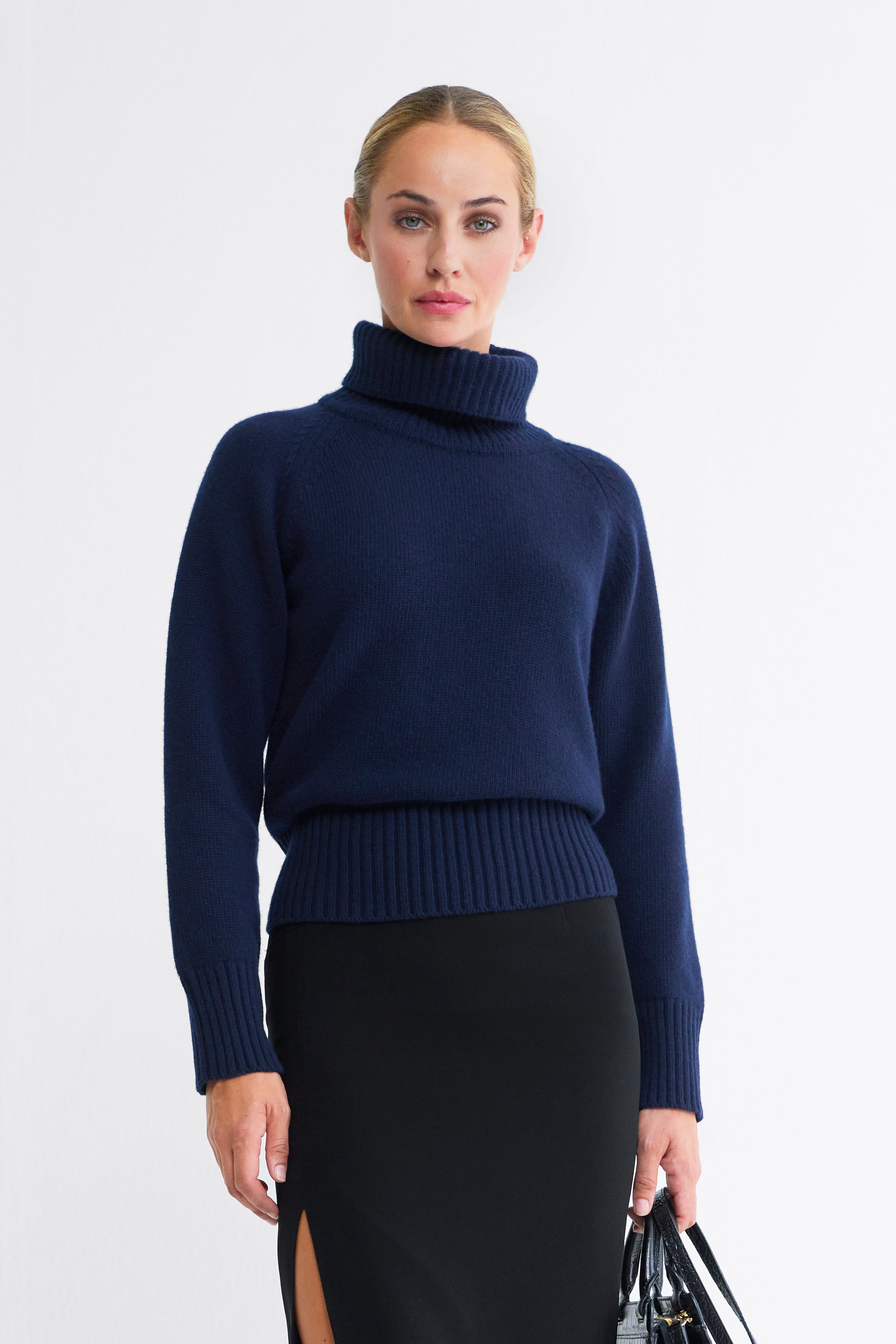 Macy Wool-Cashmere Roll Neck Sweater in Navy