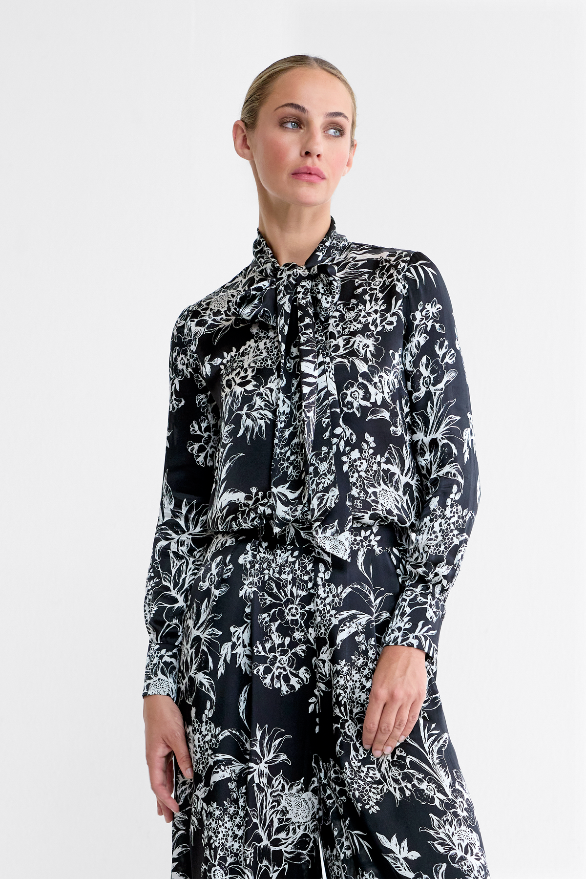 Maggie Floral Silk Satin Pussy Bow Blouse