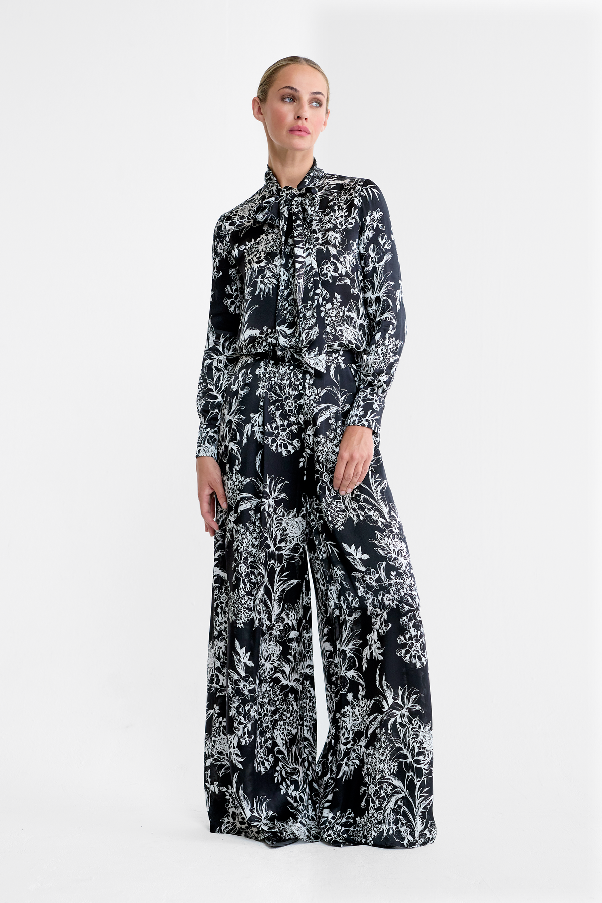 Maggie Floral Silk Satin Pussy Bow Blouse