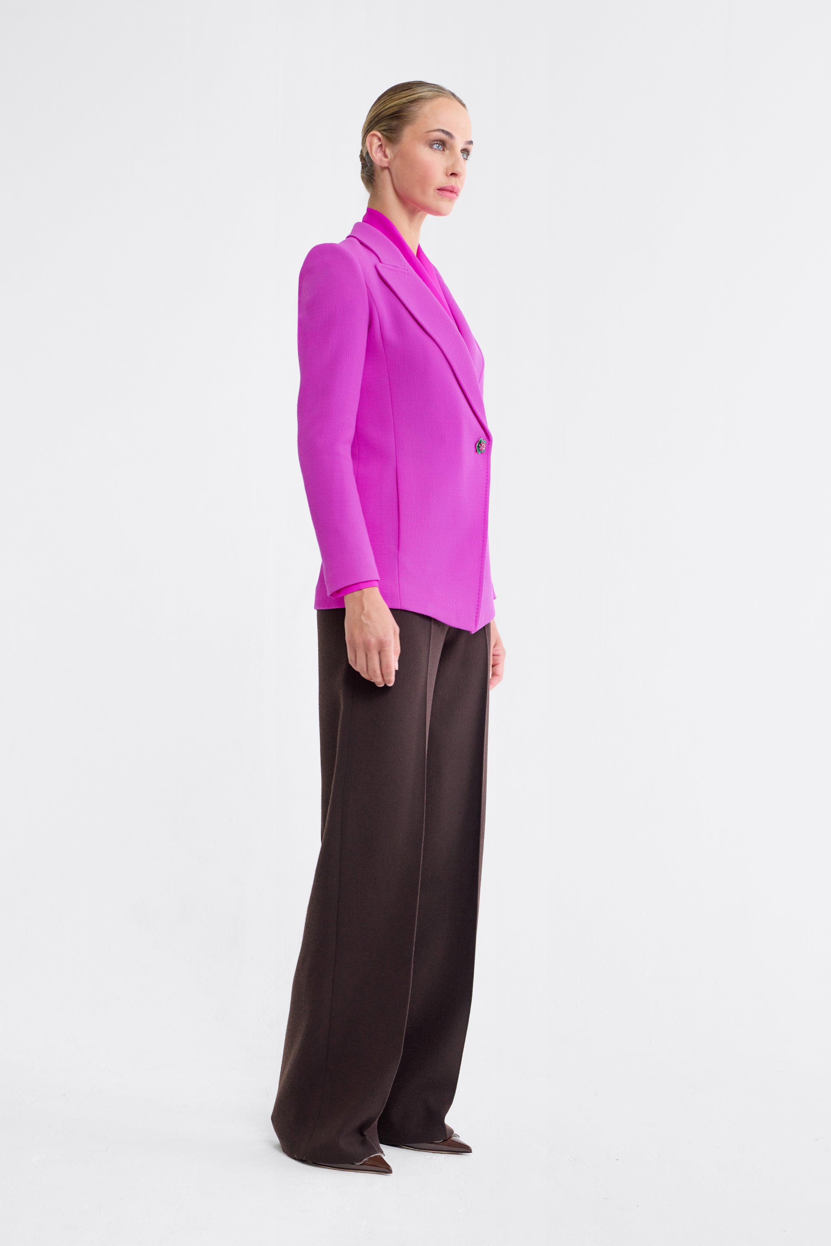 Millie Asymmetric Hem Wool Blazer in Orchid Pink