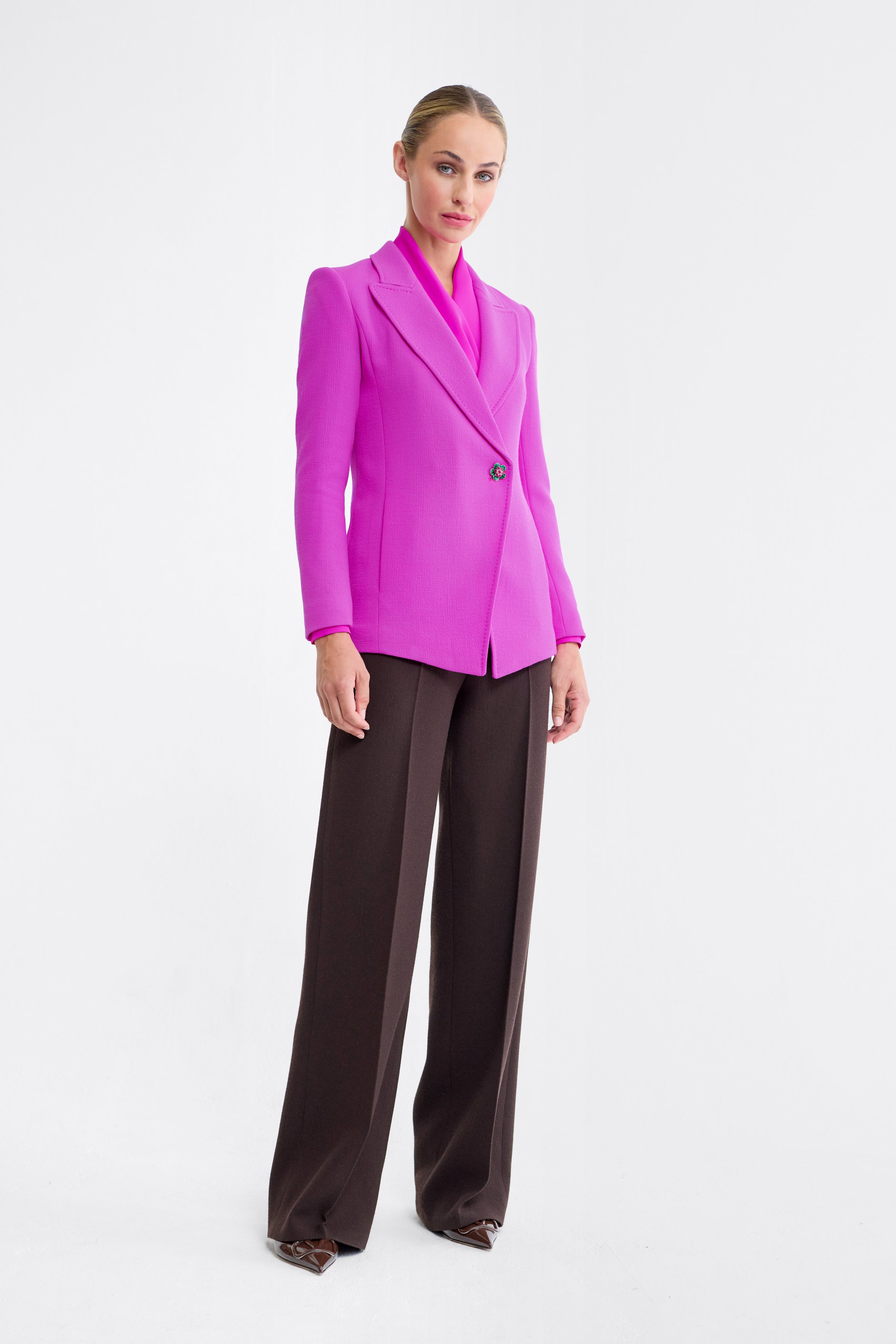 Millie Asymmetric Hem Wool Blazer in Orchid Pink