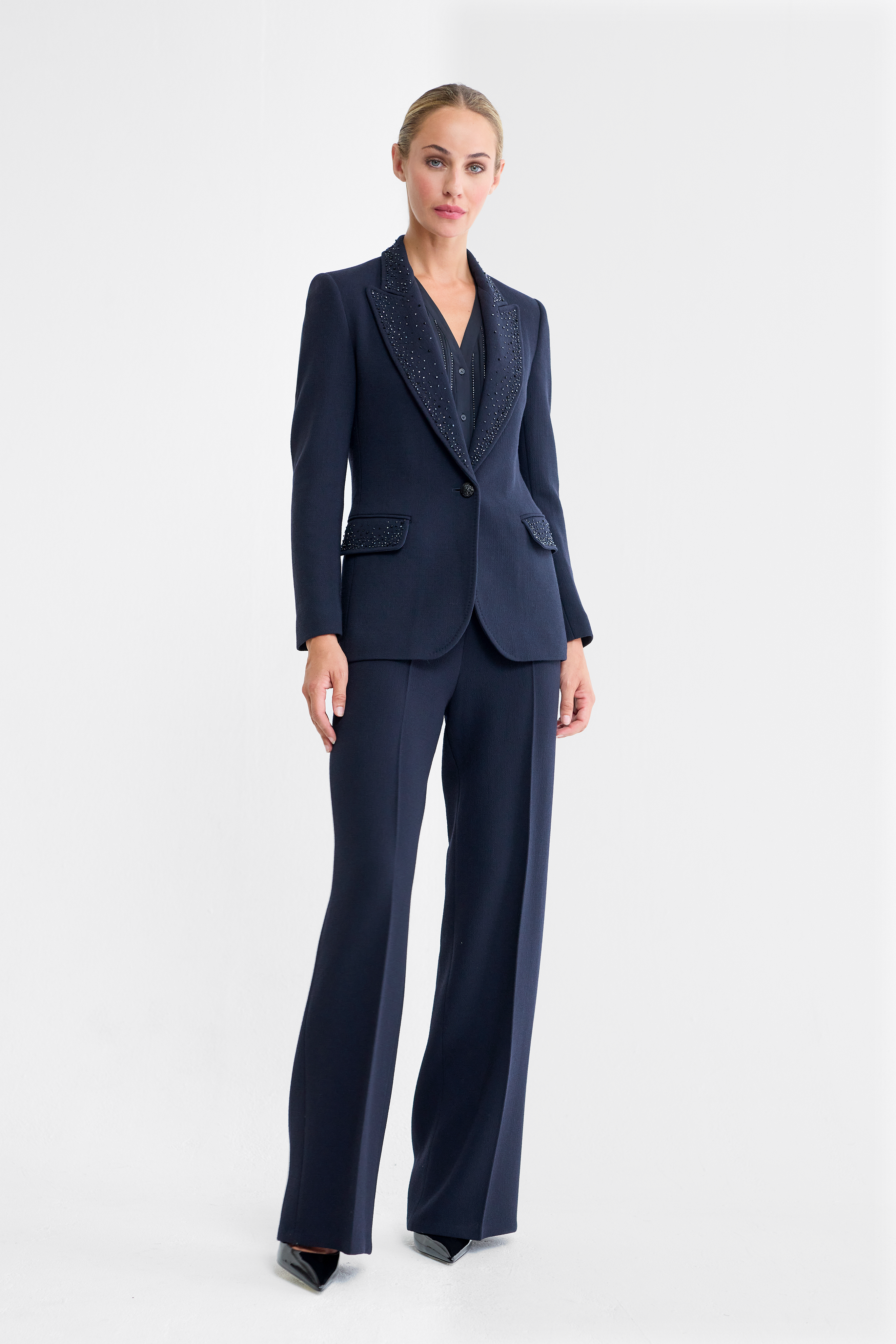 Morgan Embellished Wool Blazer in Navy