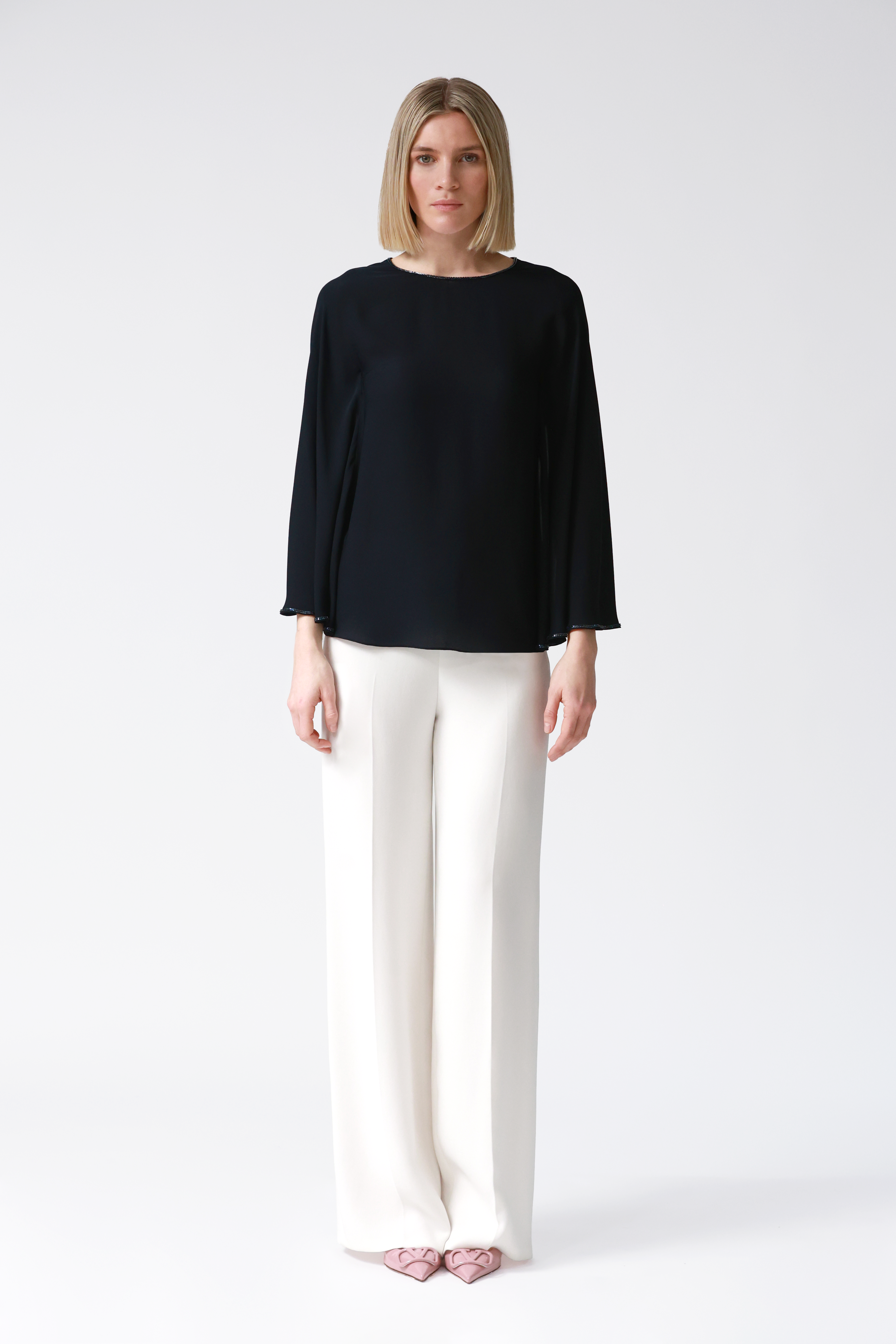 Petra Navy Draped Sleeve Blouse