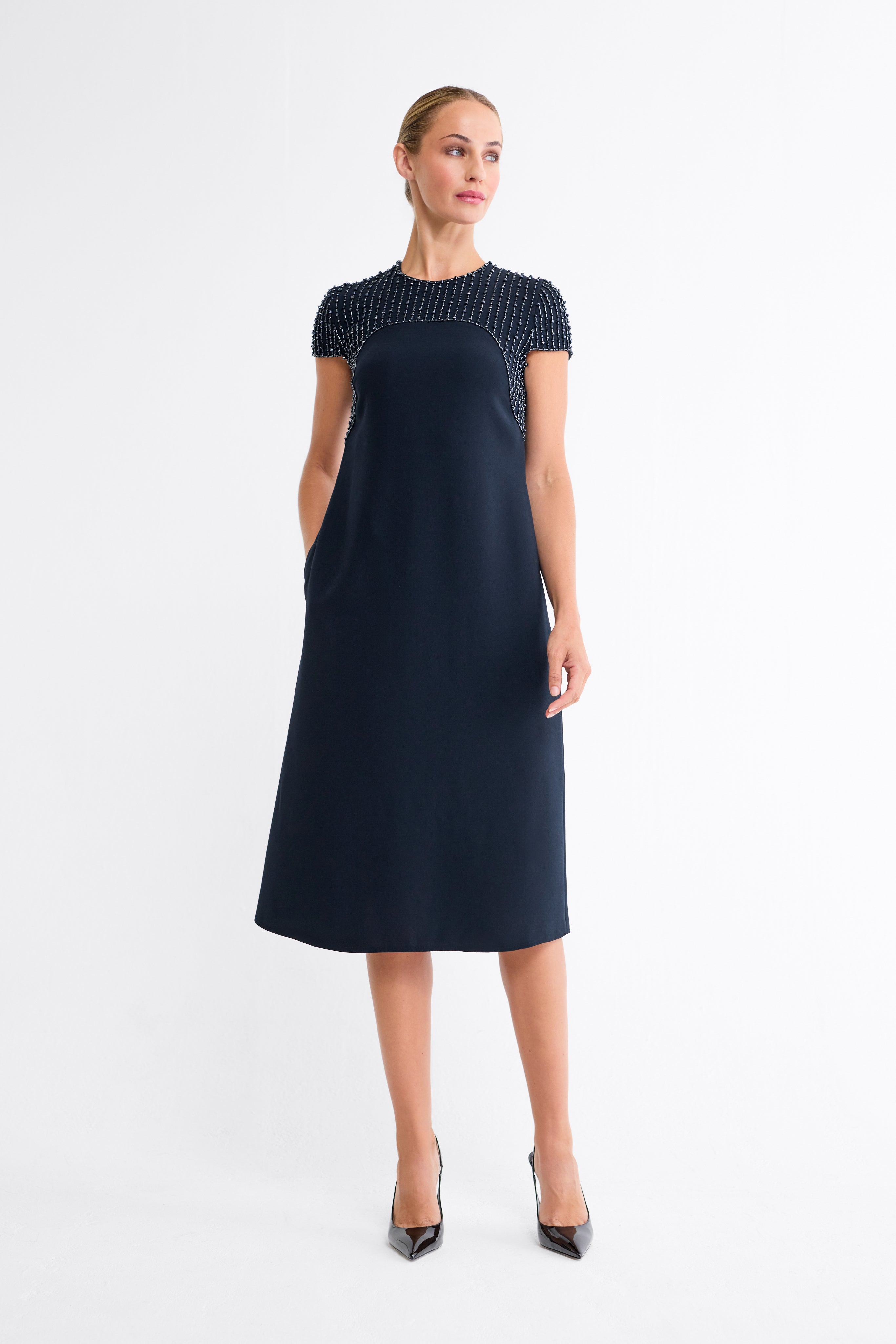 Selma Embellished Navy A-Line Dress