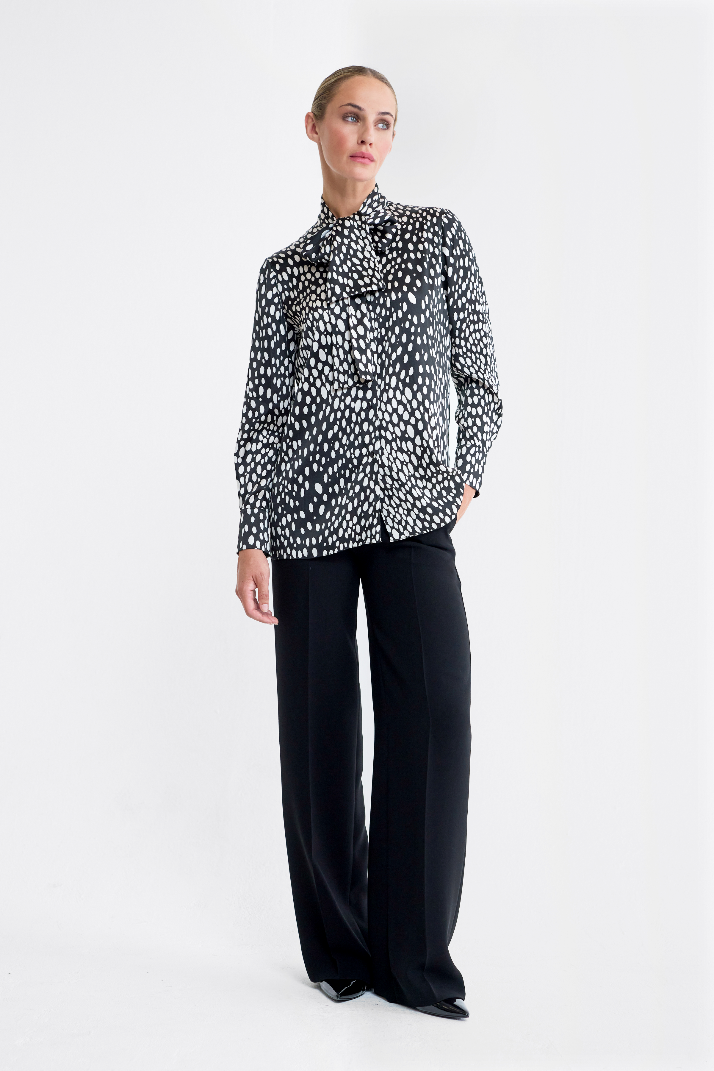 Mara Polka Dot Silk Satin Pussy Bow Blouse