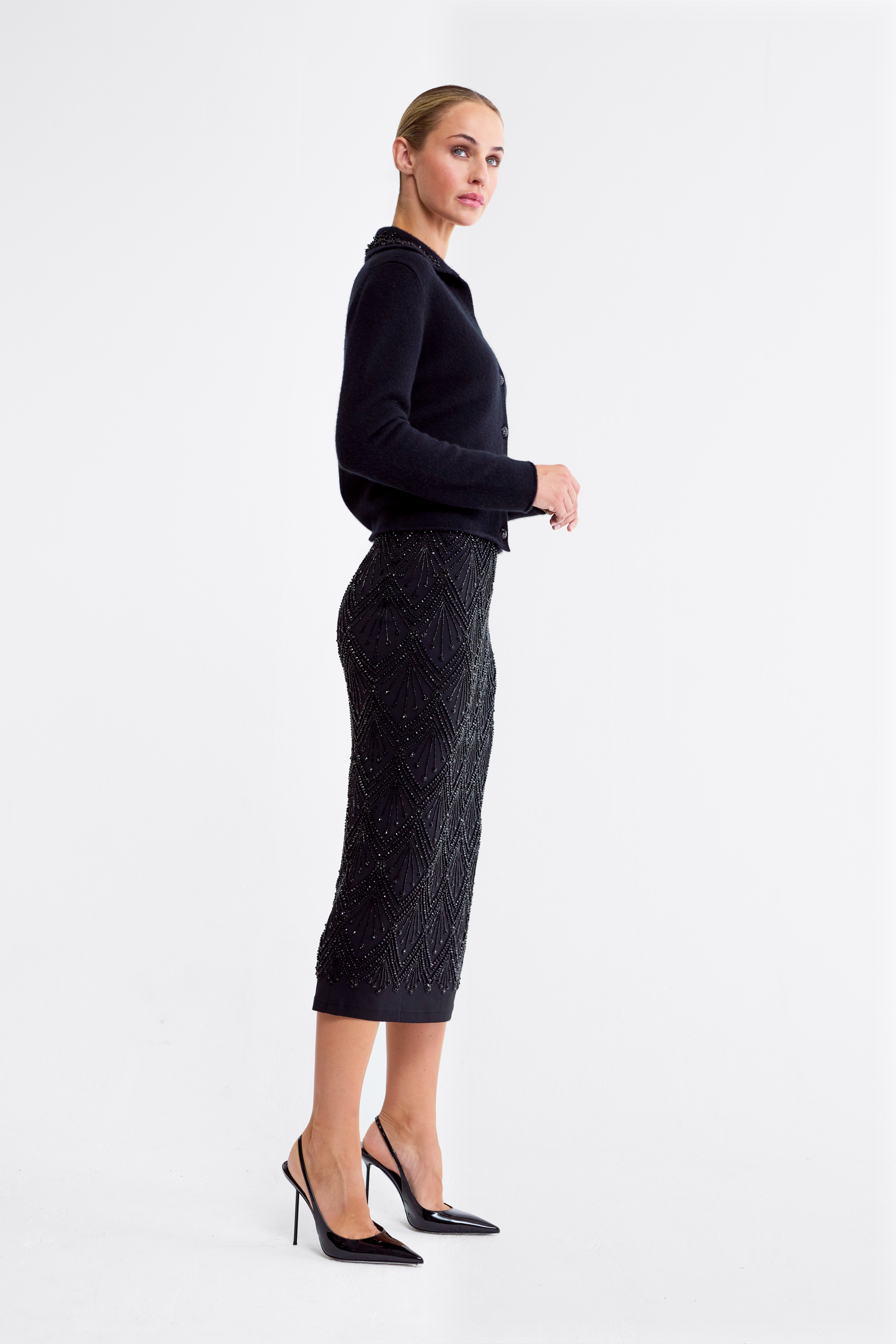 Zelda Black Beaded Pencil Skirt