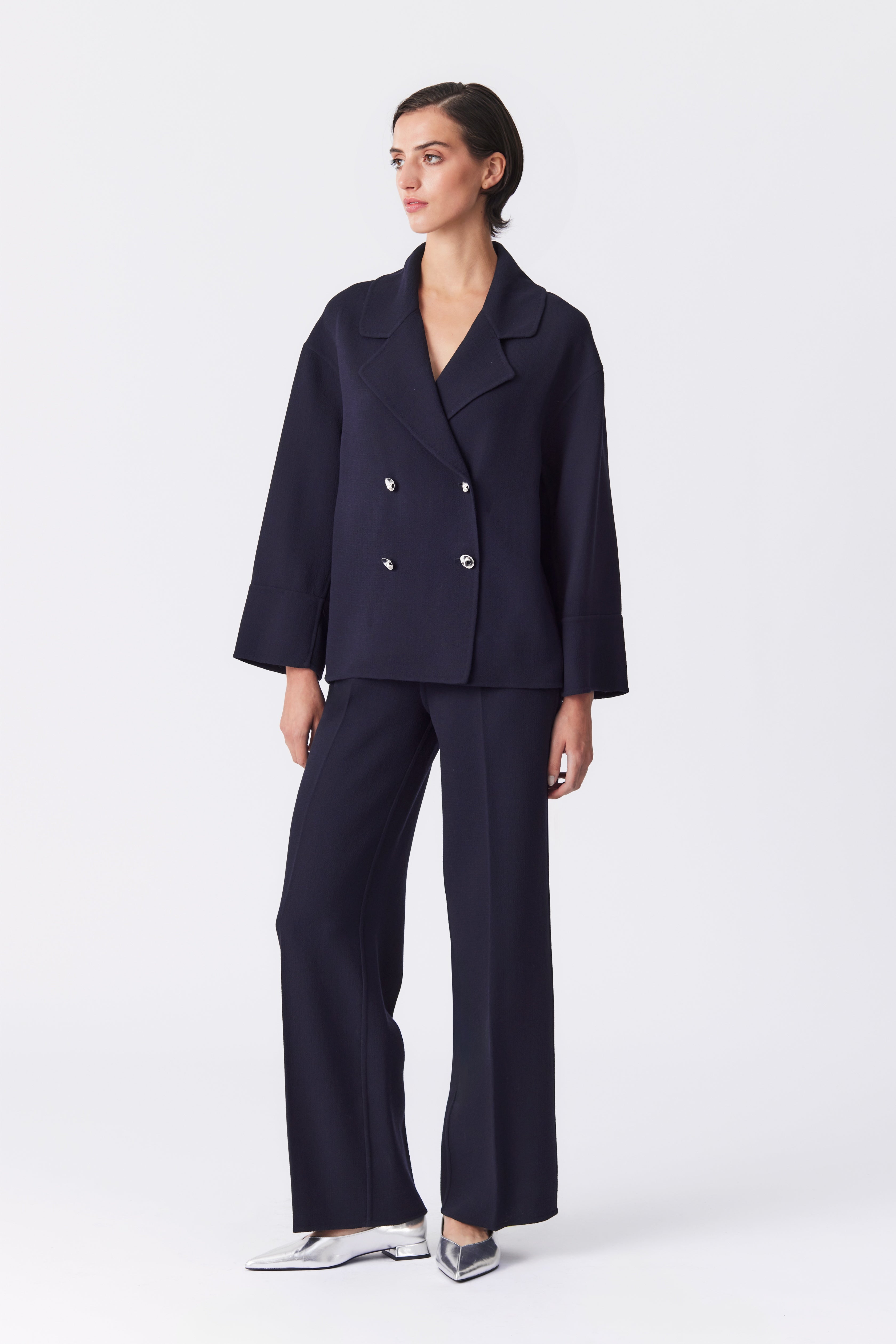 Mila Wool Wide-Leg Trousers in Navy
