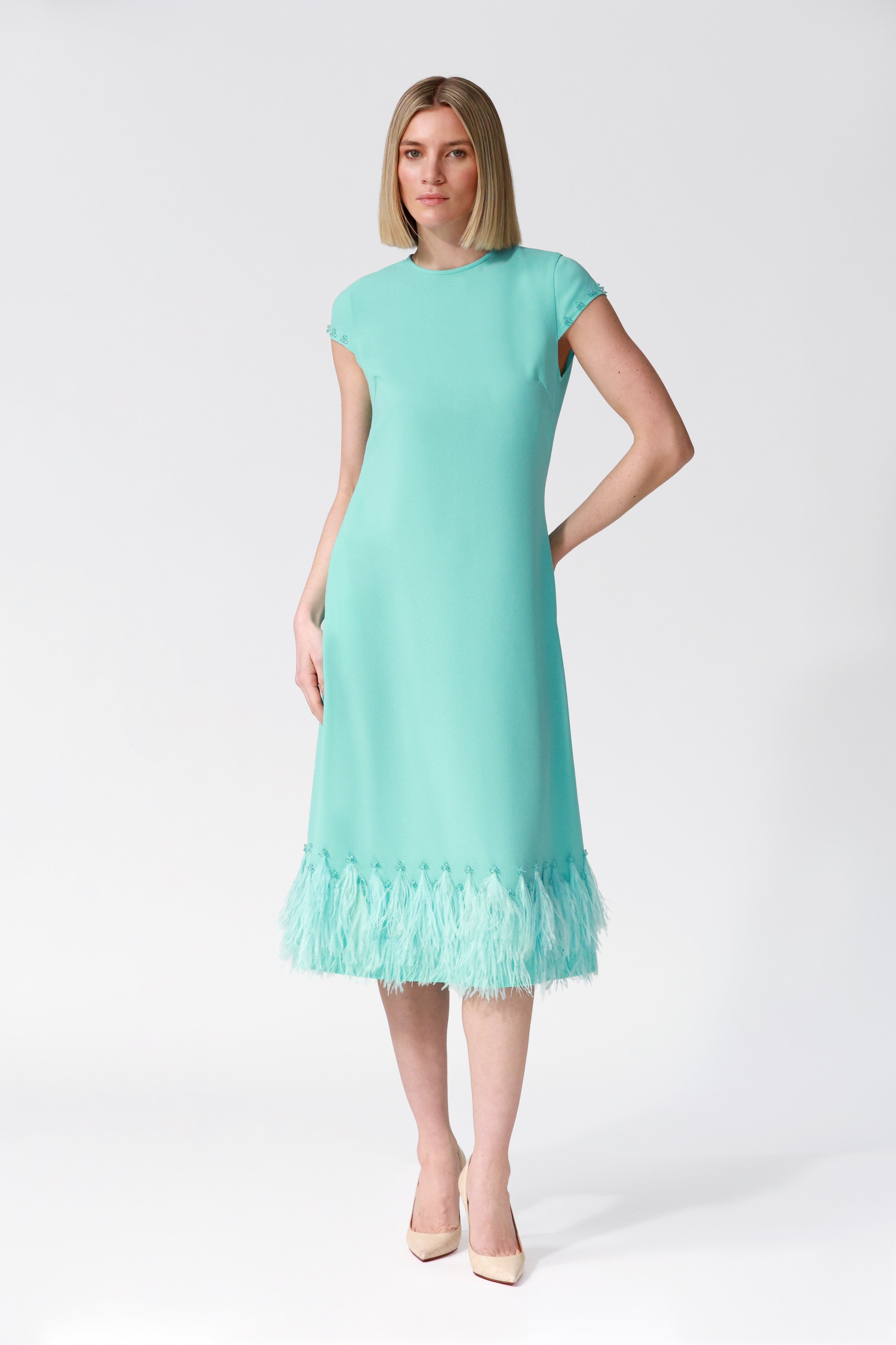 Athena Feather Hem A-line Dress in Turquoise