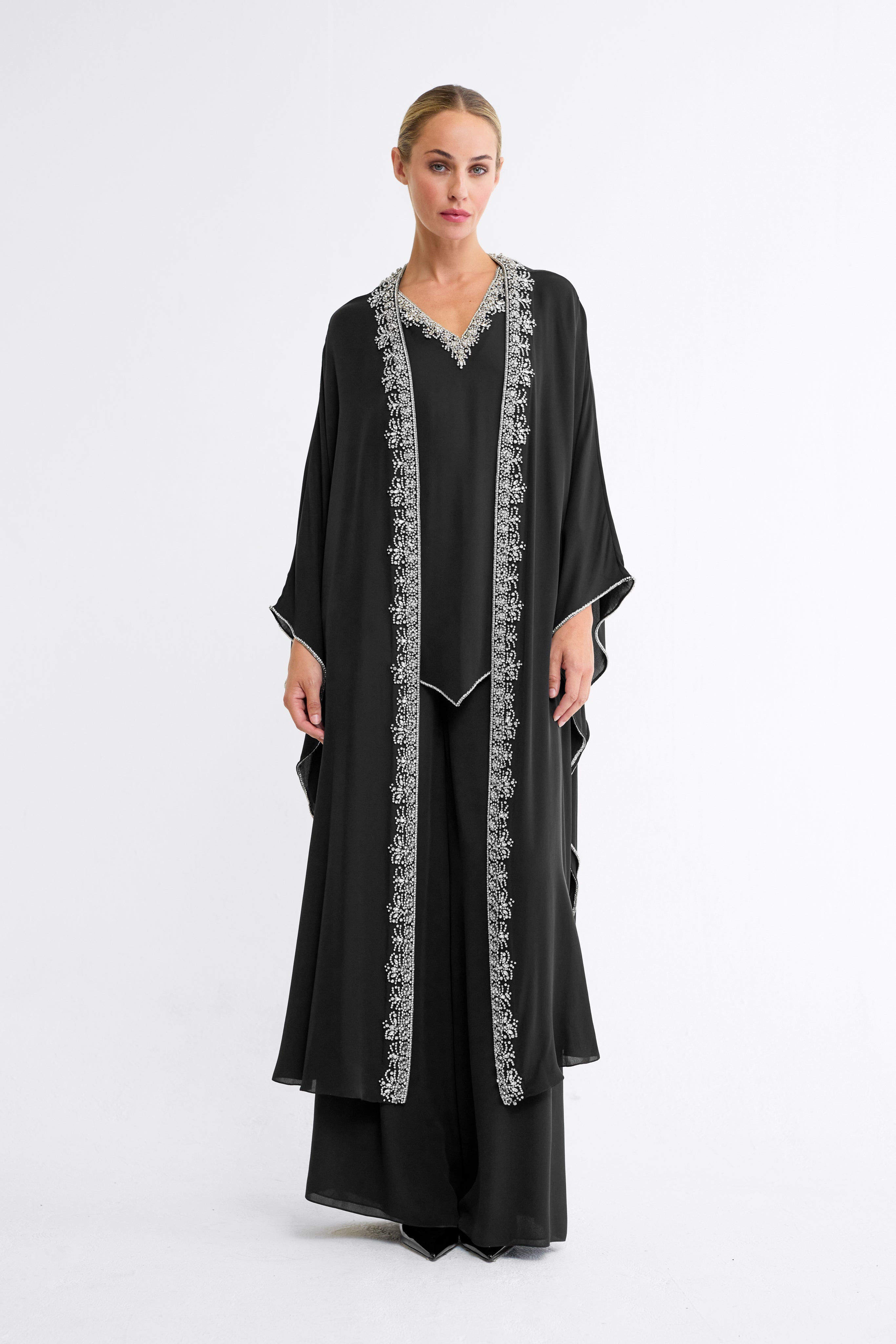 Aya Embellished Silk Robe in Black