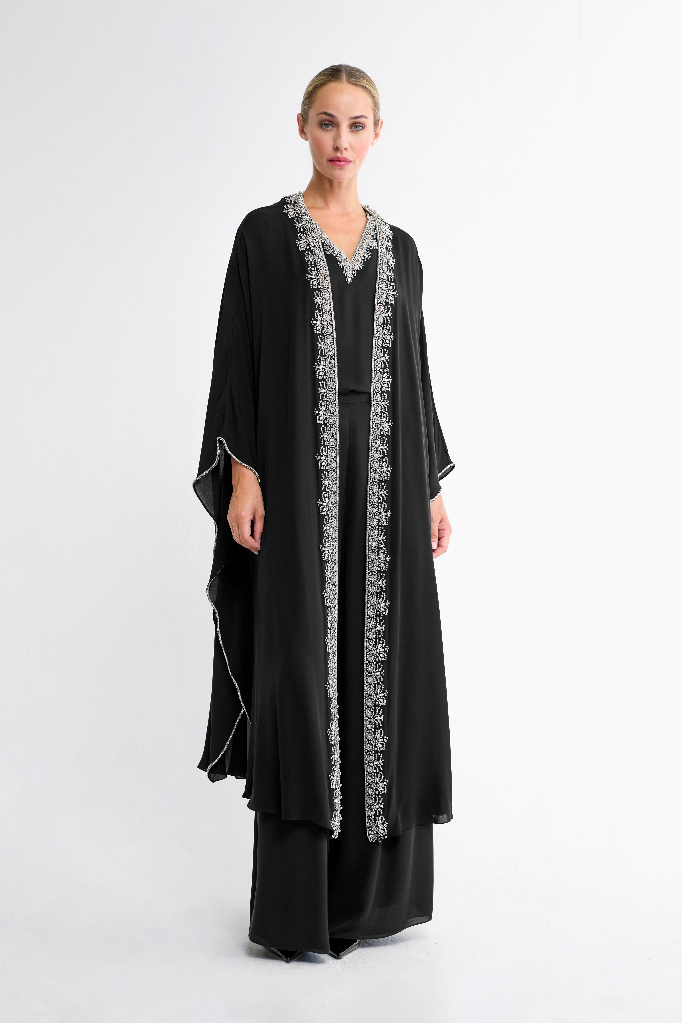 Aya Embellished Silk Robe in Black
