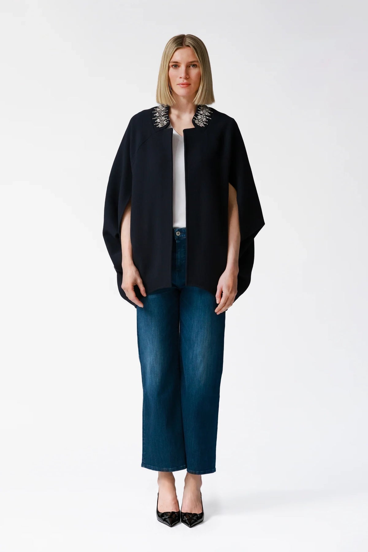 Bria Navy Wool Cape with Embellished Collar