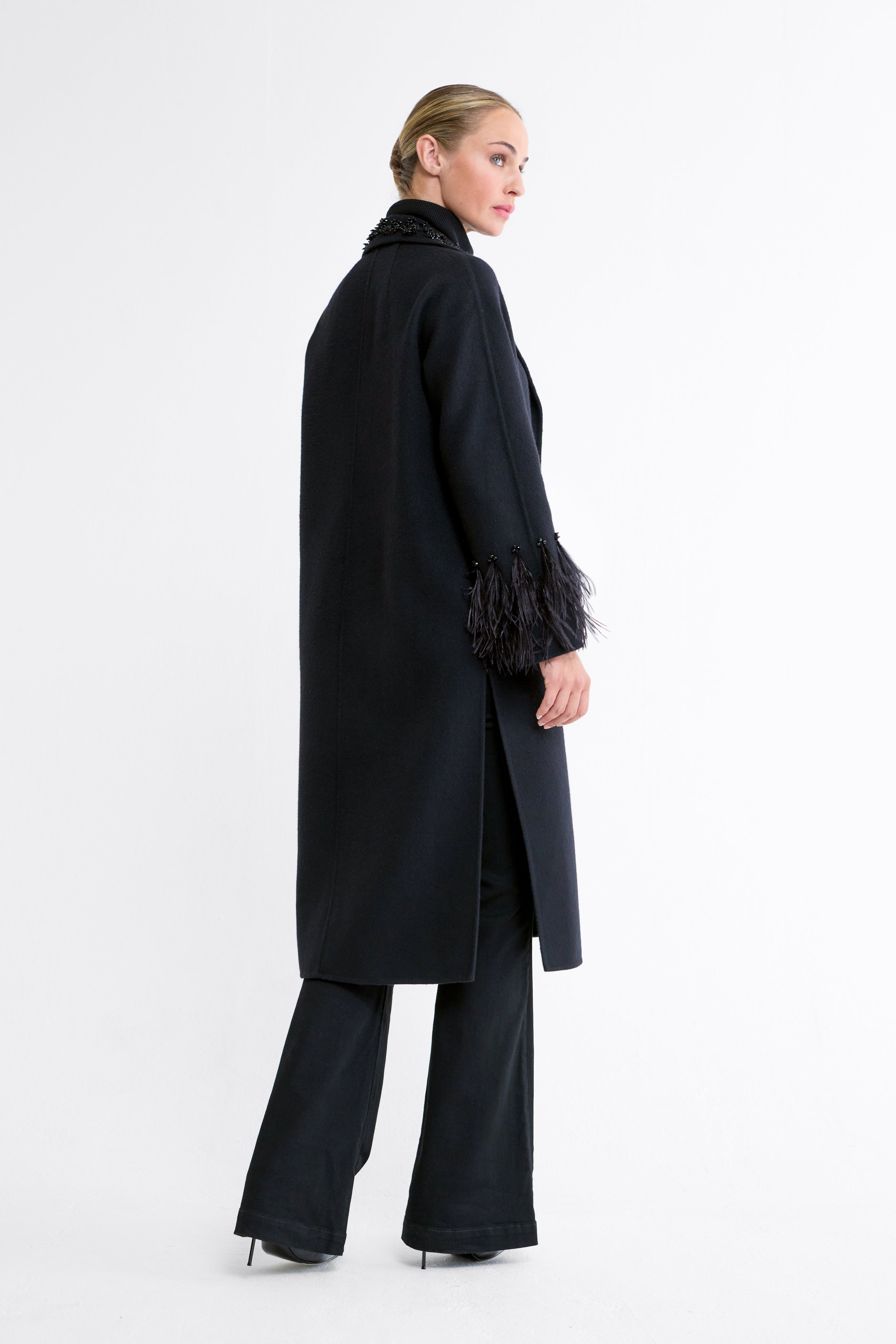 Elka Black Beaded Jacket with Feather Cuffs