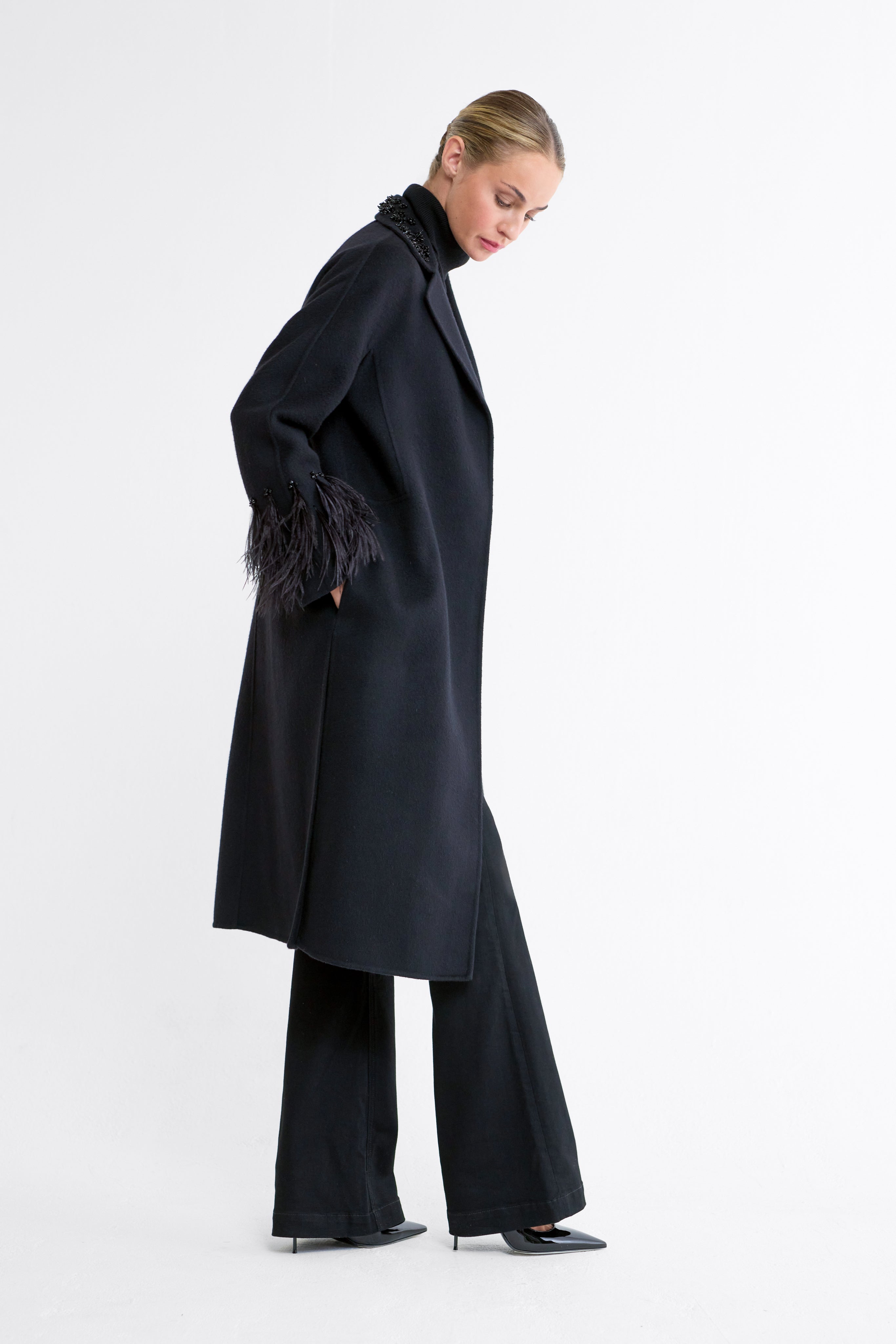 Elka Black Beaded Jacket with Feather Cuffs