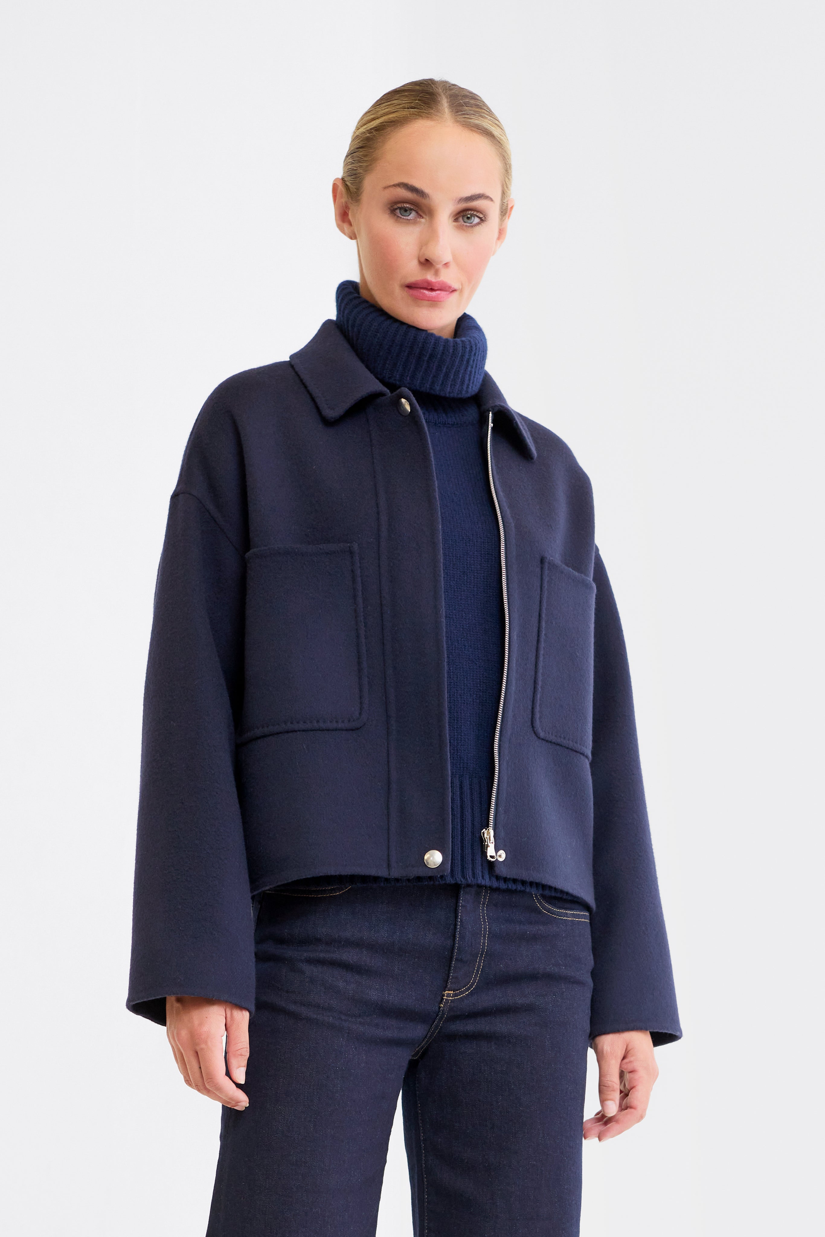 Ember Navy Wool Zip Front Jacket