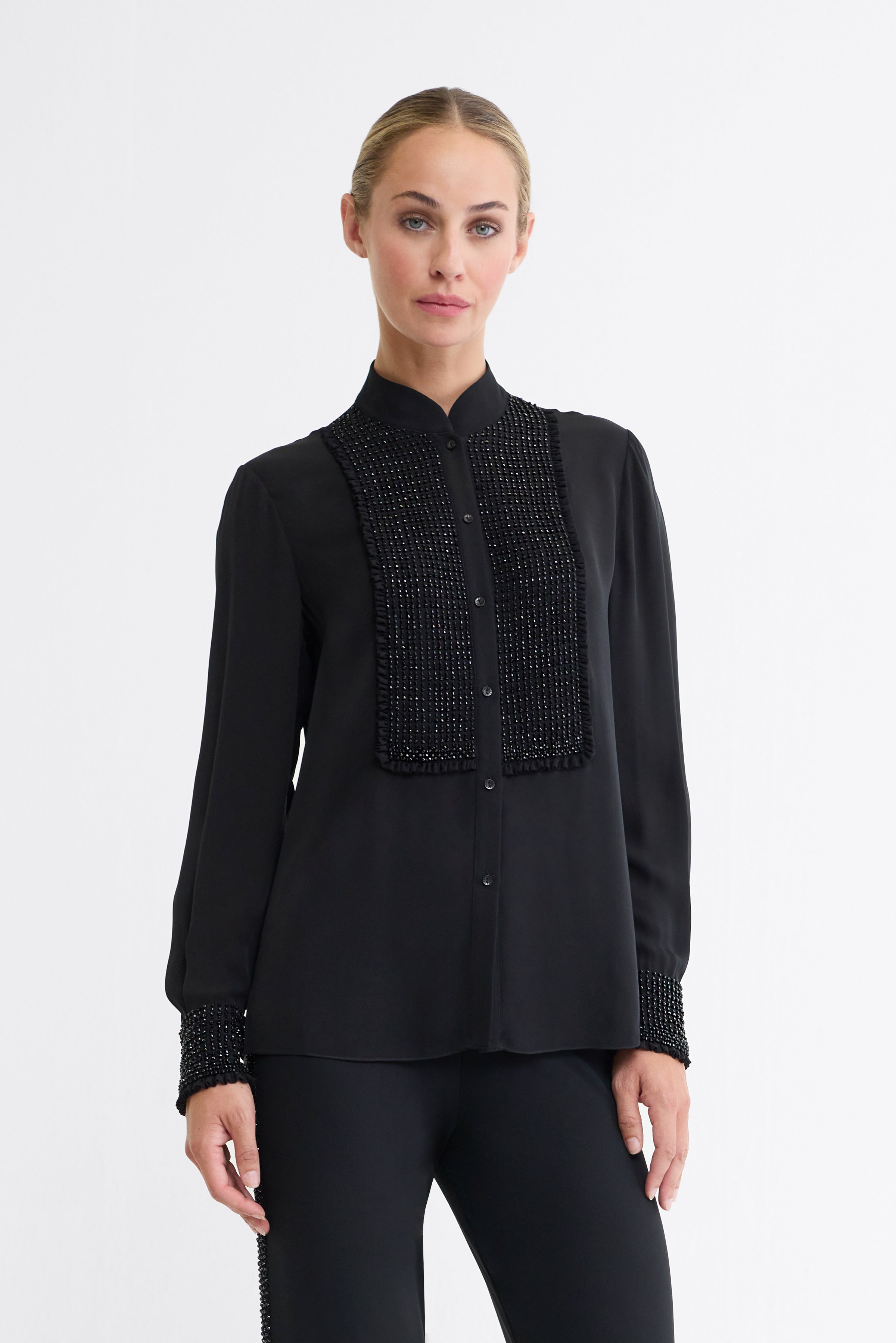 Esme Beaded Silk Double Georgette Blouse in Navy