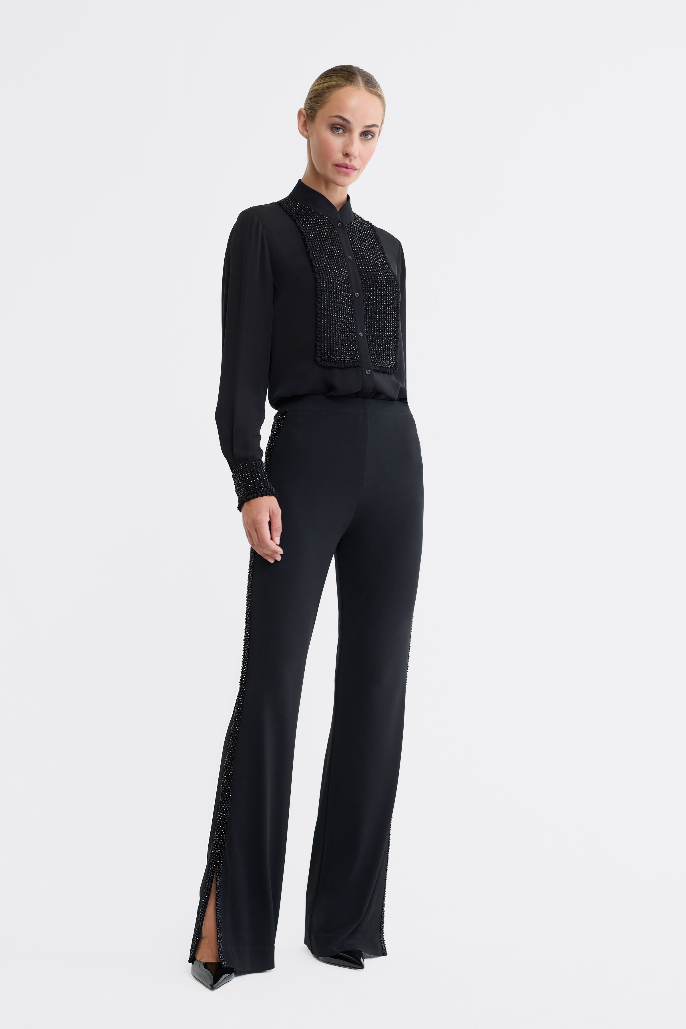 Esme Beaded Silk Double Georgette Blouse in Black