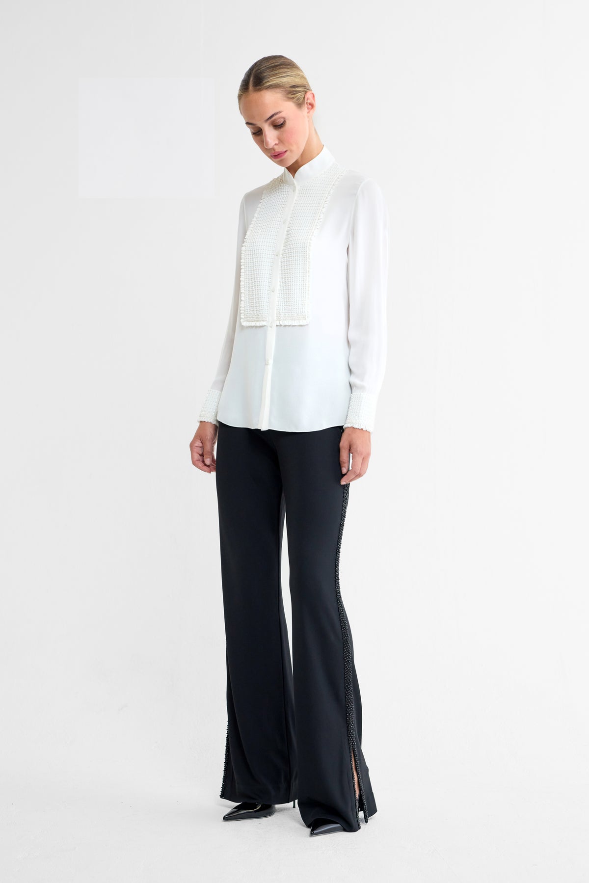 Esme Beaded Silk Double Georgette Blouse in Ivory