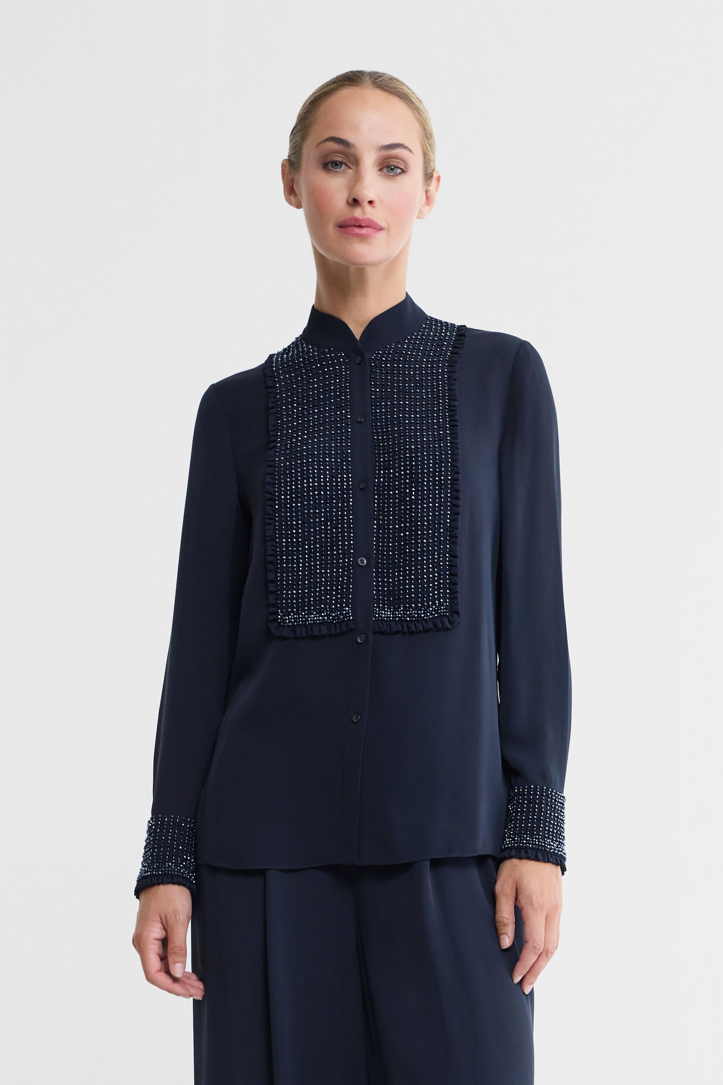 Esme Beaded Silk Double Georgette Blouse in Navy