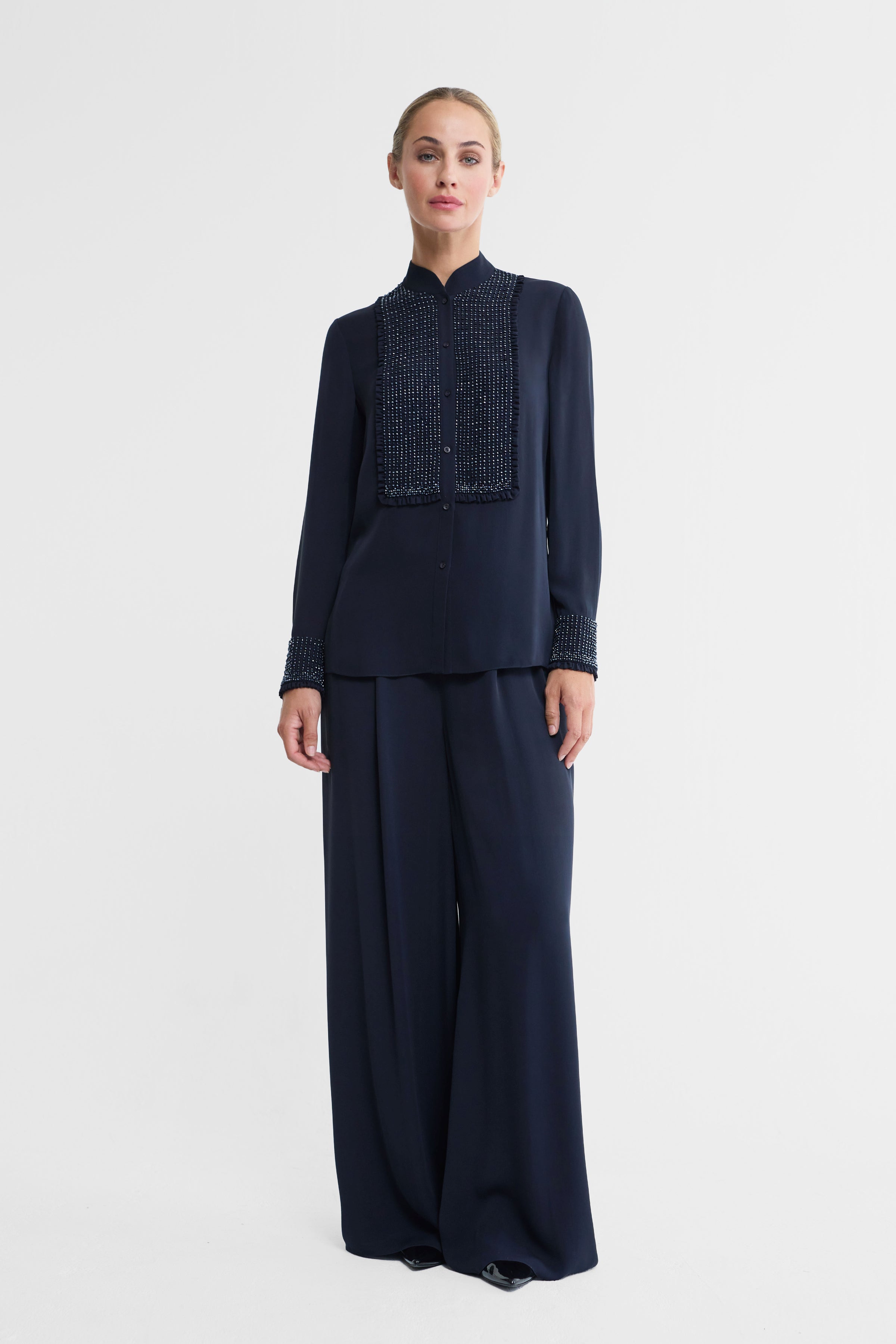 Esme Beaded Silk Double Georgette Blouse in Navy
