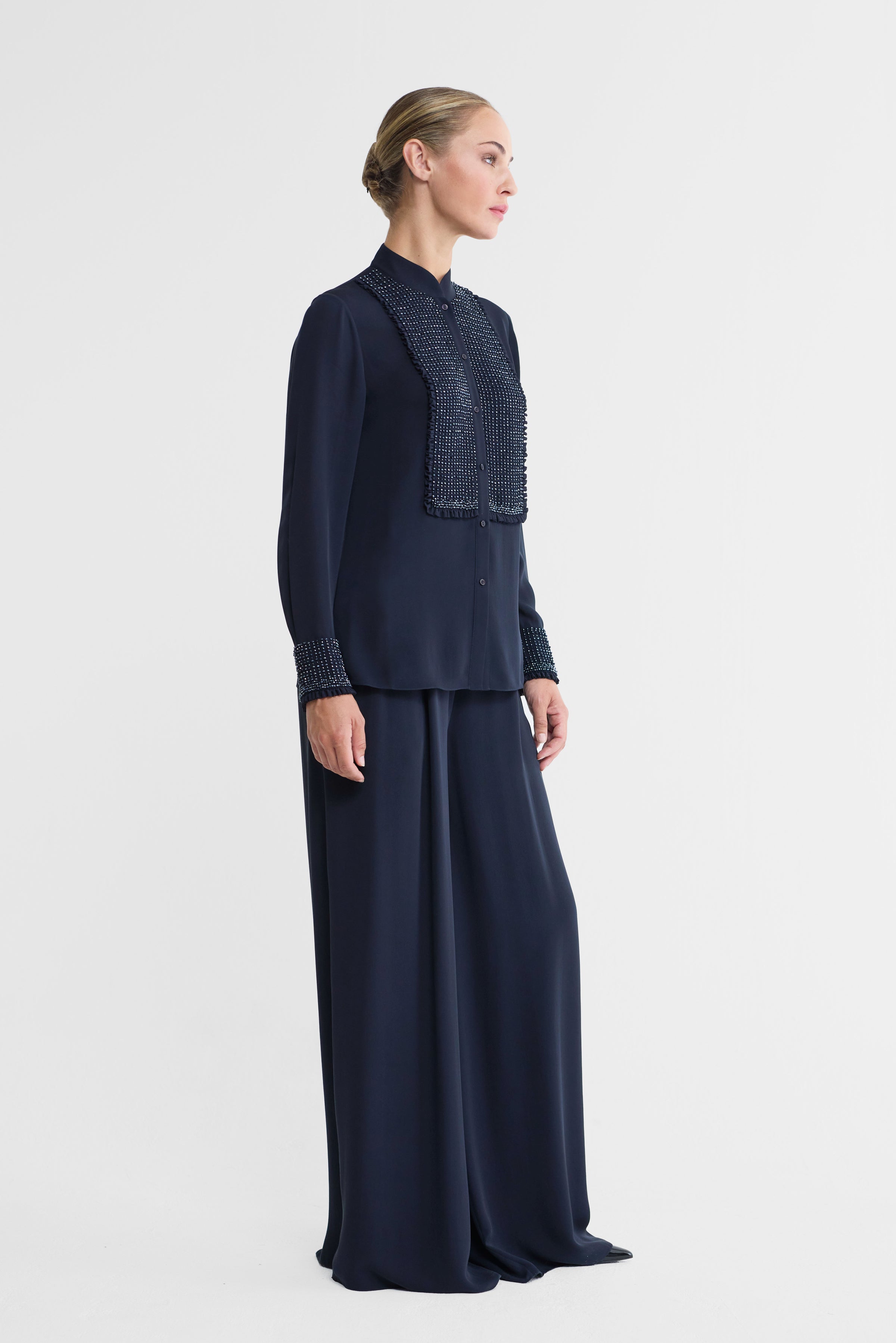 Esme Beaded Silk Double Georgette Blouse in Navy