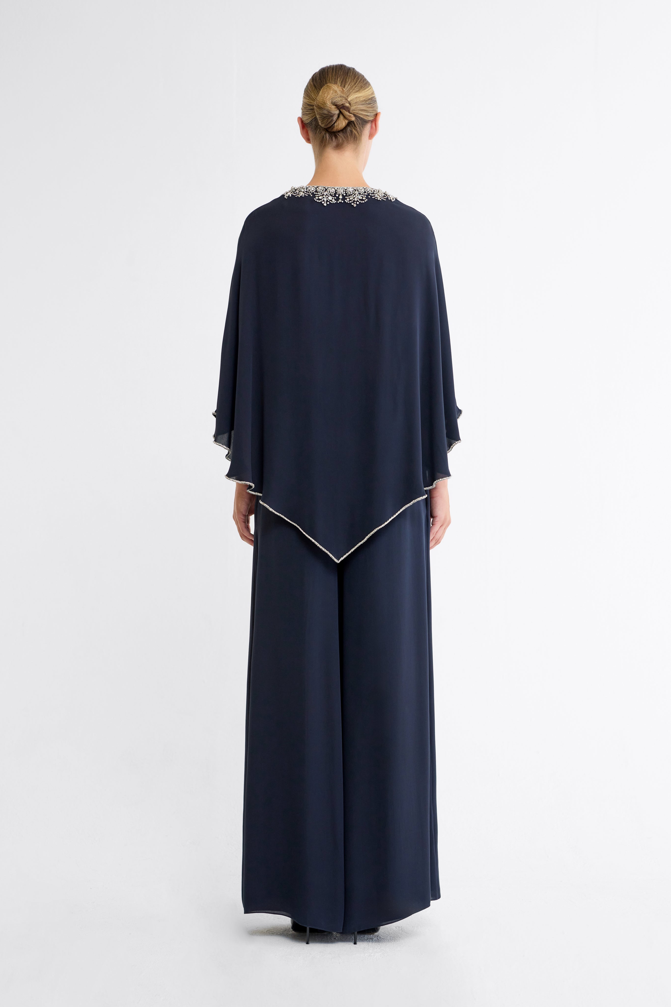 Fara Embellished Silk Kaftan in Navy