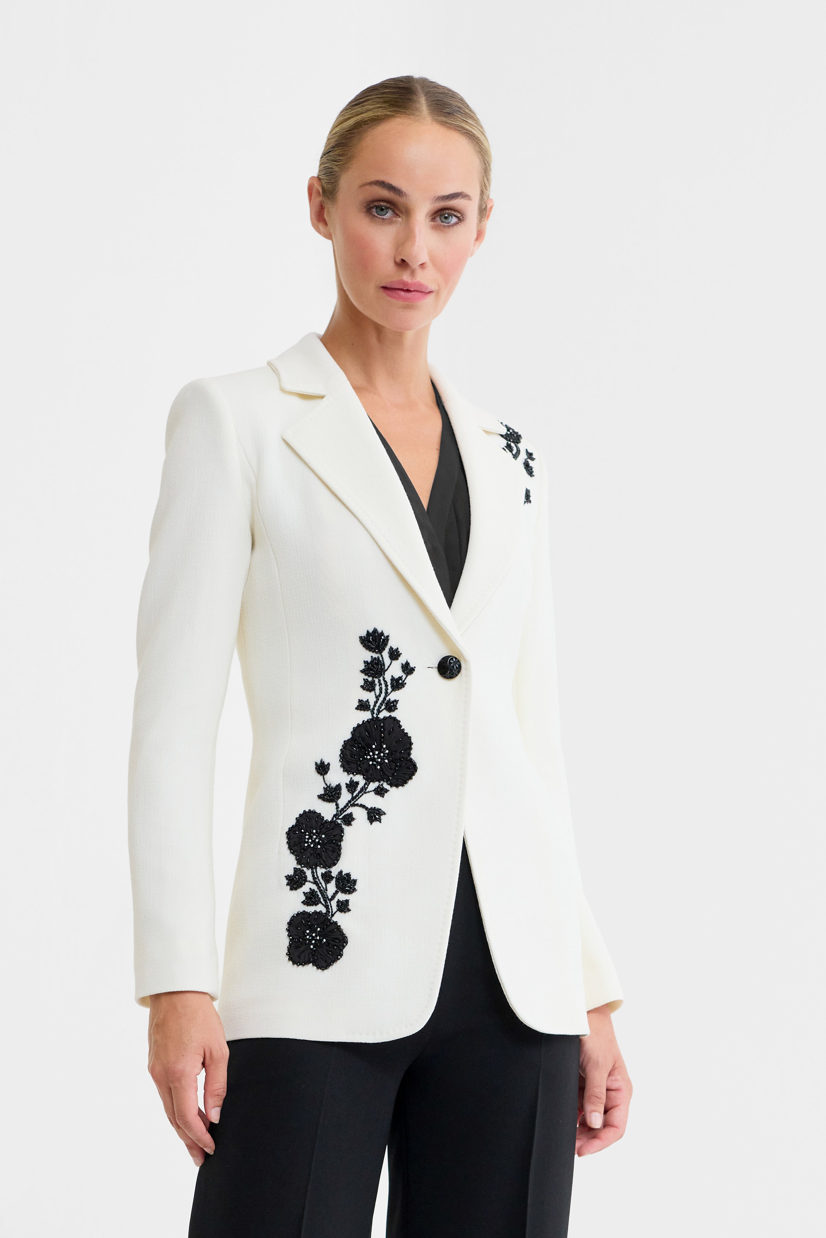 Gigi Embroidered Wool Blazer in Ivory