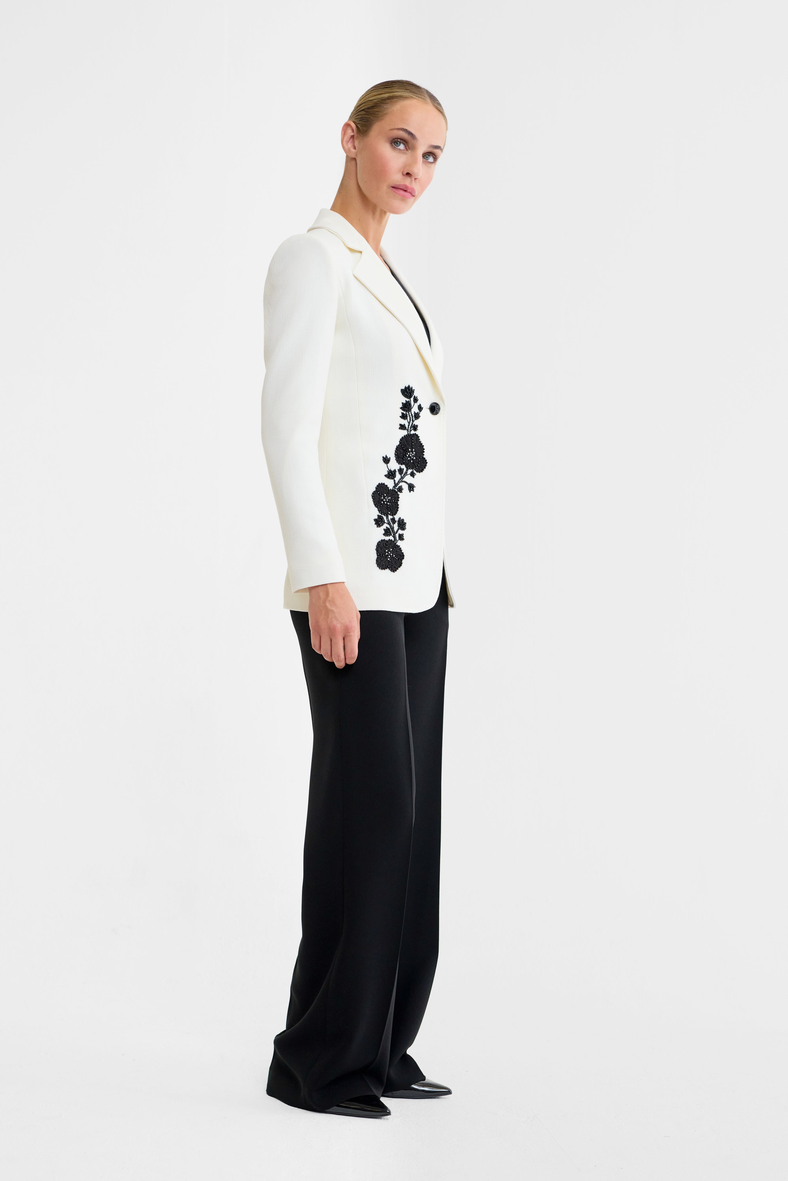 Gigi Embroidered Wool Blazer in Ivory