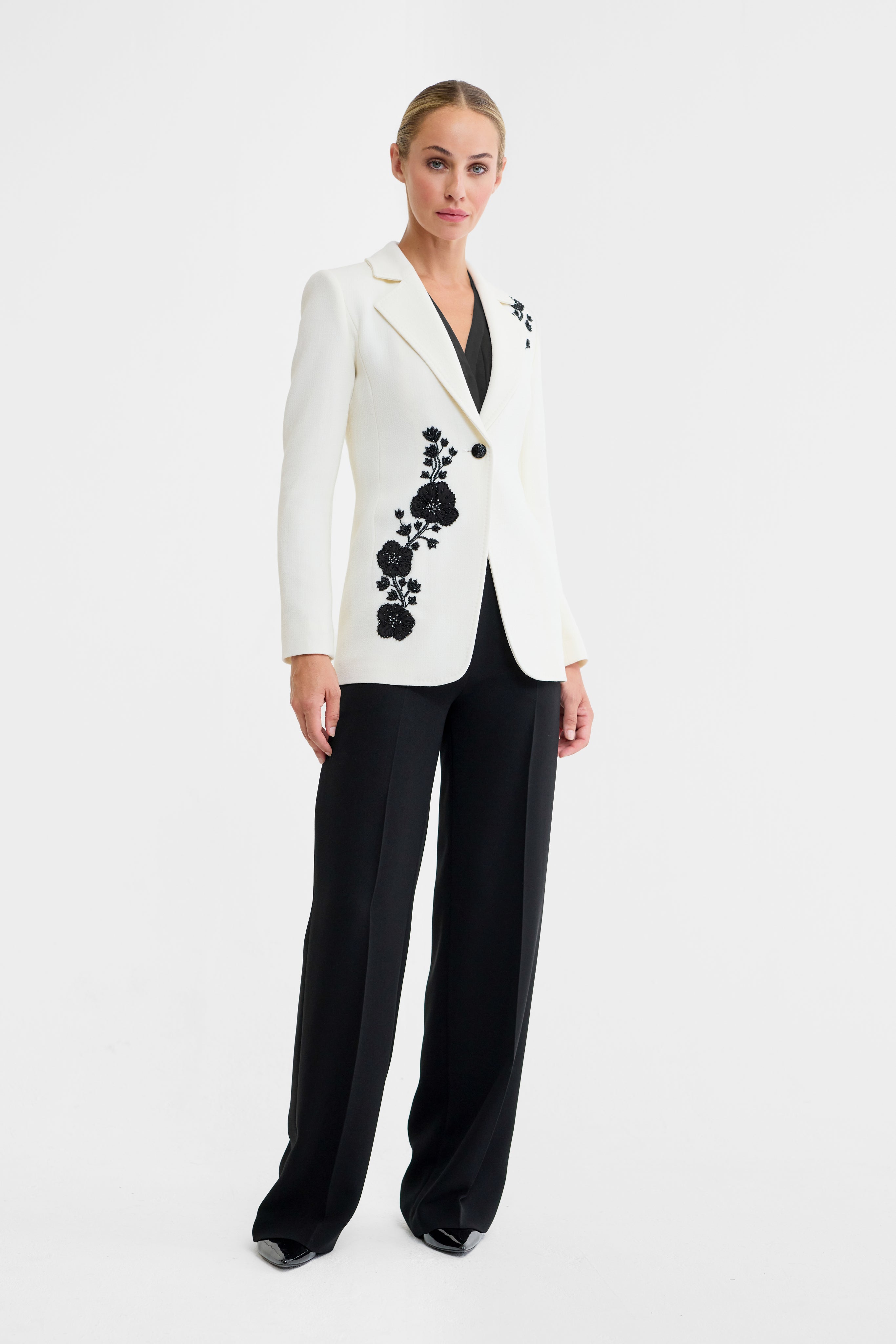 Gigi Embroidered Wool Blazer in Ivory