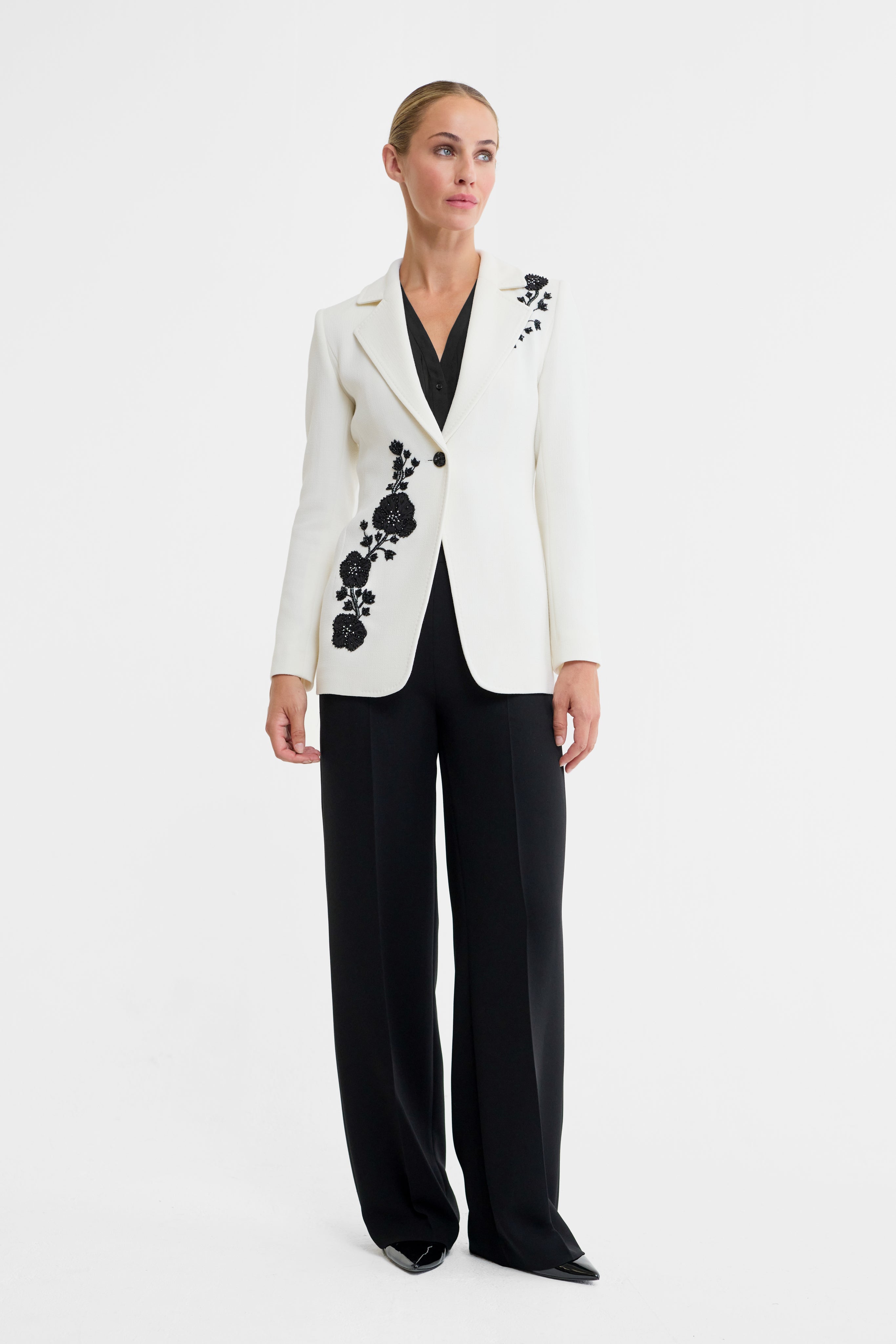 Gigi Embroidered Wool Blazer in Ivory