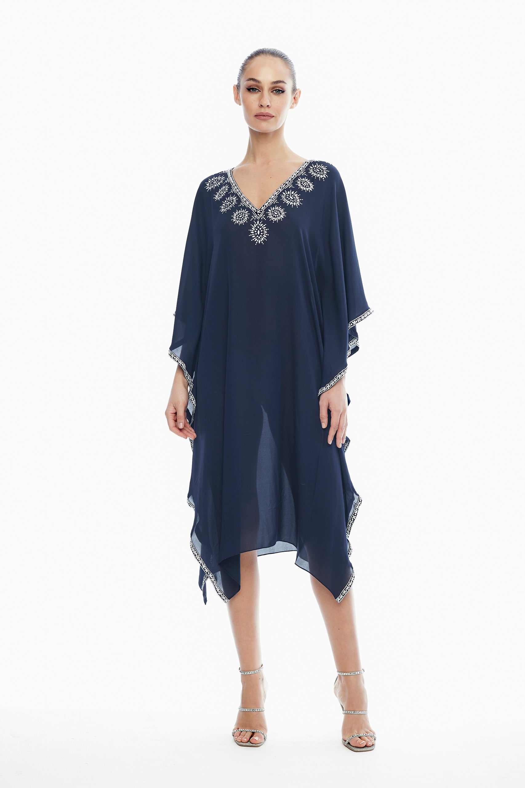 Giselle Silk Embroidered Kaftan in Navy