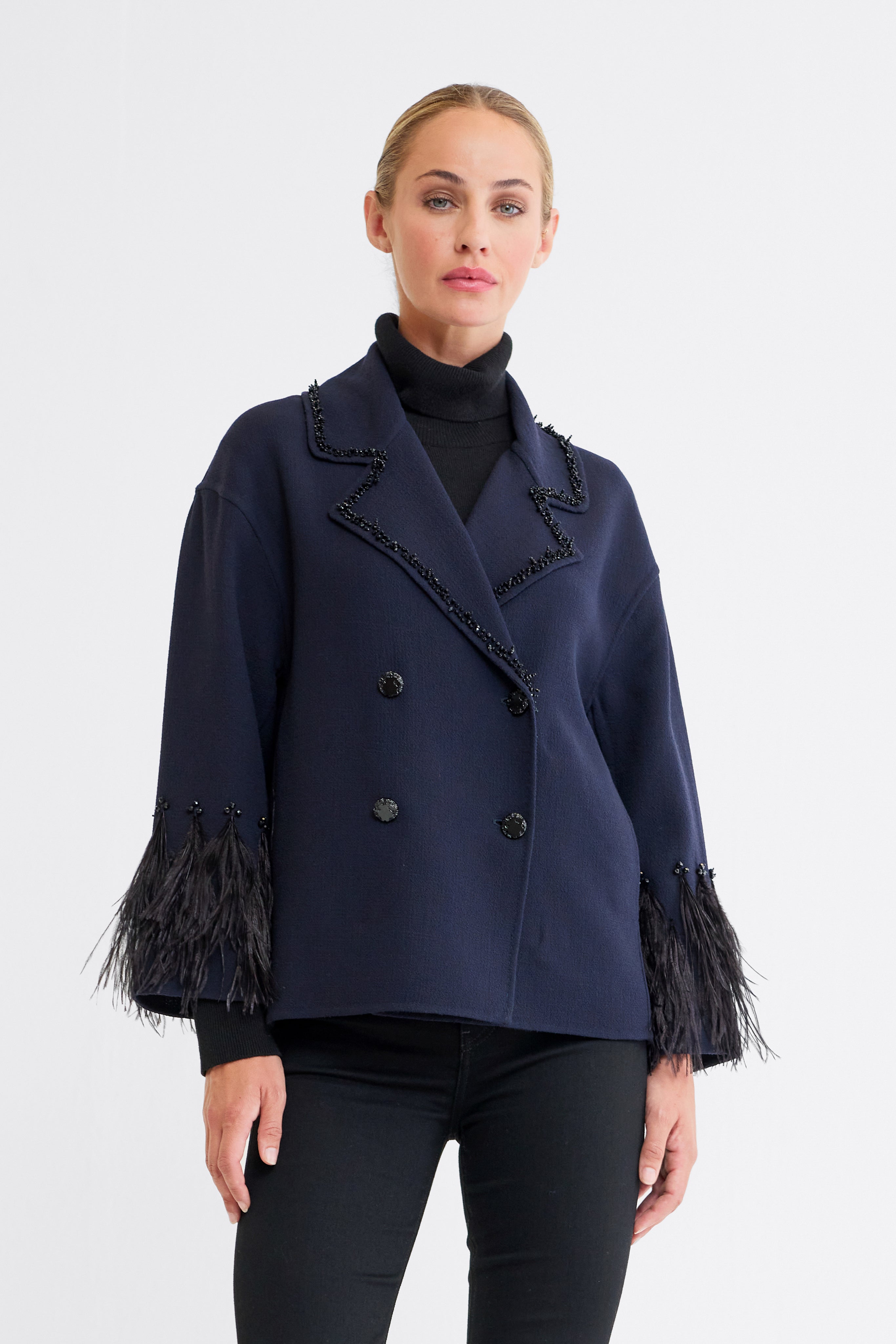Jolie Navy Feather Trim Beaded Jacket