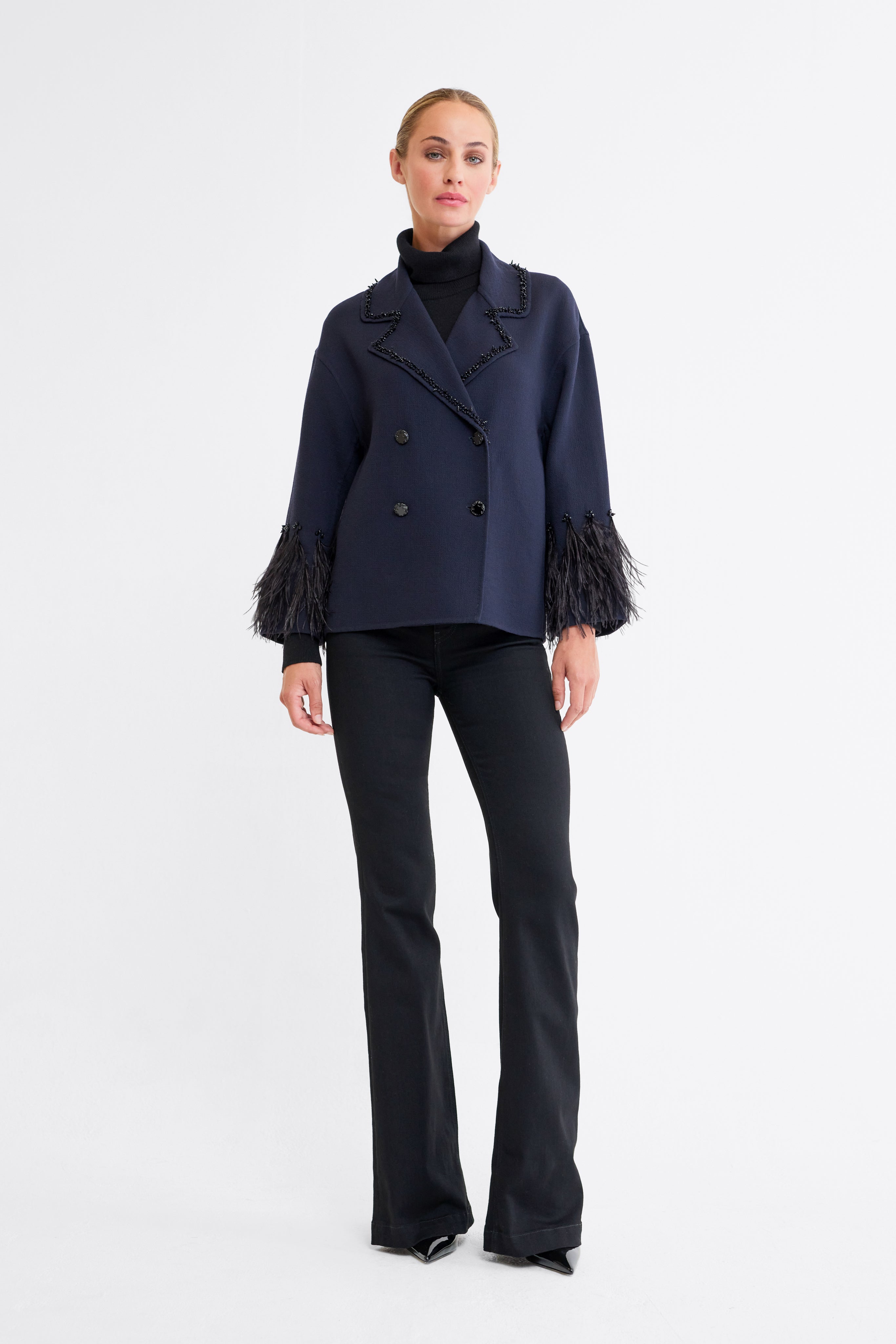 Jolie Navy Feather Trim Beaded Jacket